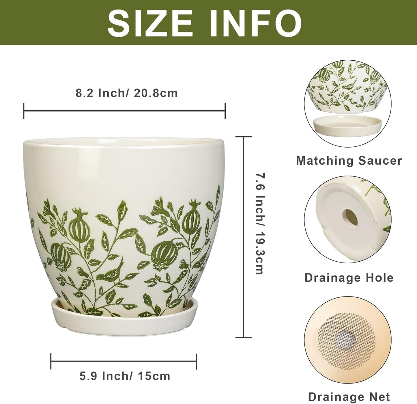 Ceramic Planter - 8.2 Inch Plant Pot for Indoor Outdoor Plants, Boho Round Ceramic Flower Pot with Drainage Hole and Saucer, Gifts for Plant Lovers, Home Garden Apartment Decor, White