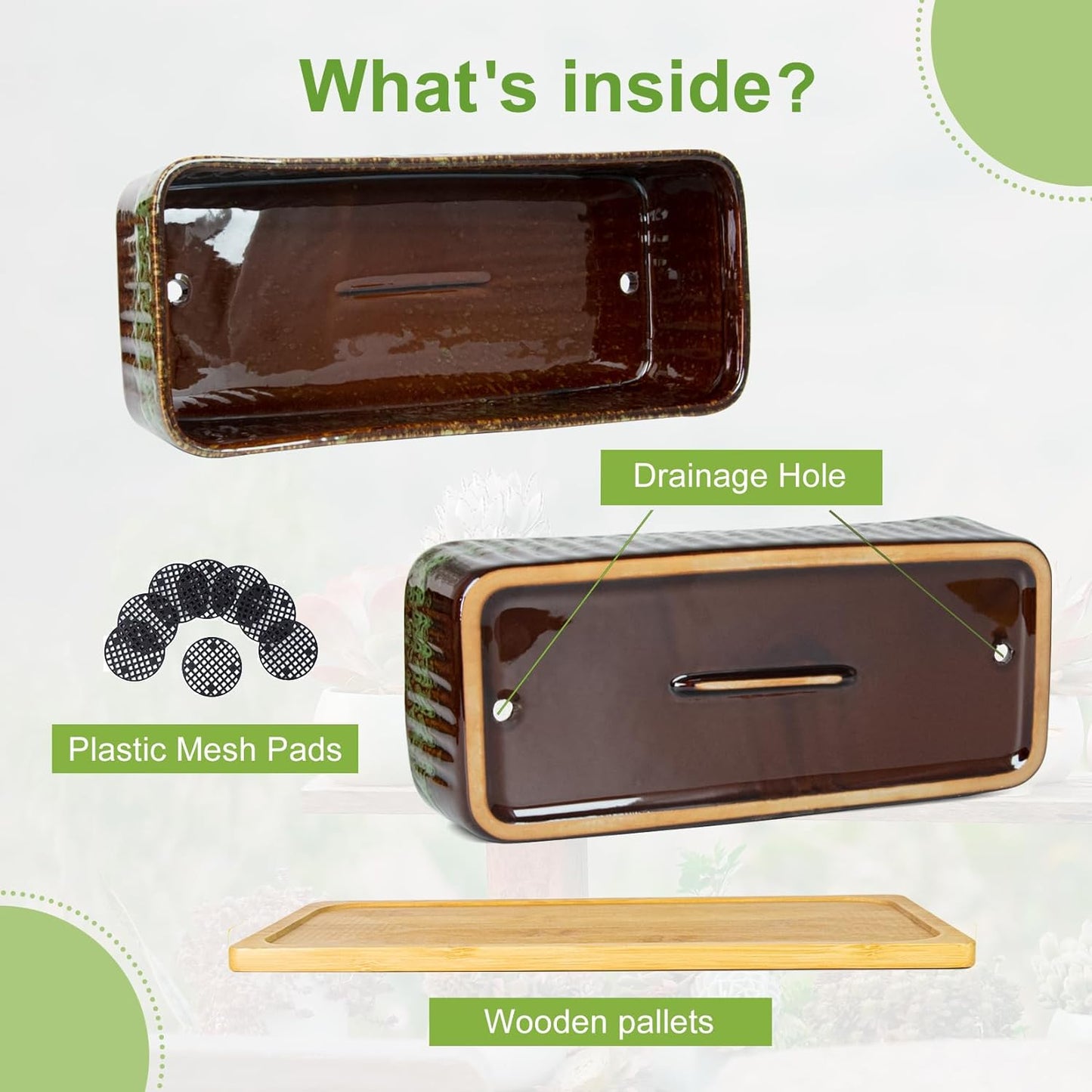 Succulent Pots - 12 Inch Large Succulent Planters with Drainage Tray, Window Sill Planter, Long Rectangle Ceramic Pots for Indoor Cactus Plants Shallow Bonsai Window Box for Home Garden Decor