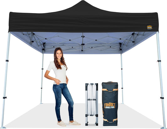 8x8 Heavy Duty Pop Up Canopy - EZ Setup, Commercial Grade Aluminum Frame, 42” Folded Frame Height, UPF 50+, Adjustable Portable Tent for Beach, Events, Camping, Roller Bag (Black)
