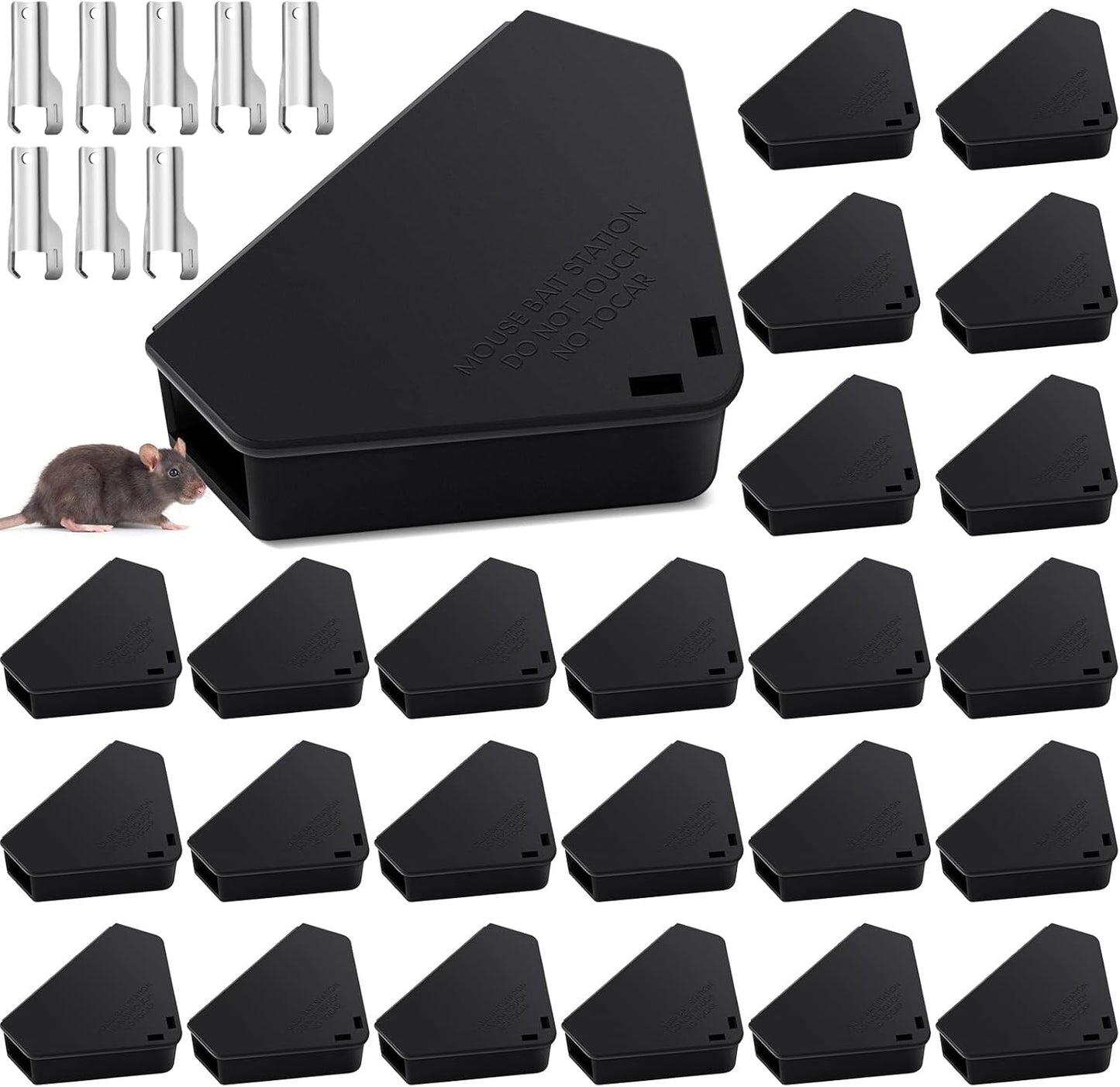 Qualirey 24 Pcs Mice Station with Key Triangle Bait Station Reusable Rodent Trap Box, Keeps Children and Pets Safe Indoor & Outdoor, Bait Not Included, Suitable for Small Mice (Black,Keys are Silver)