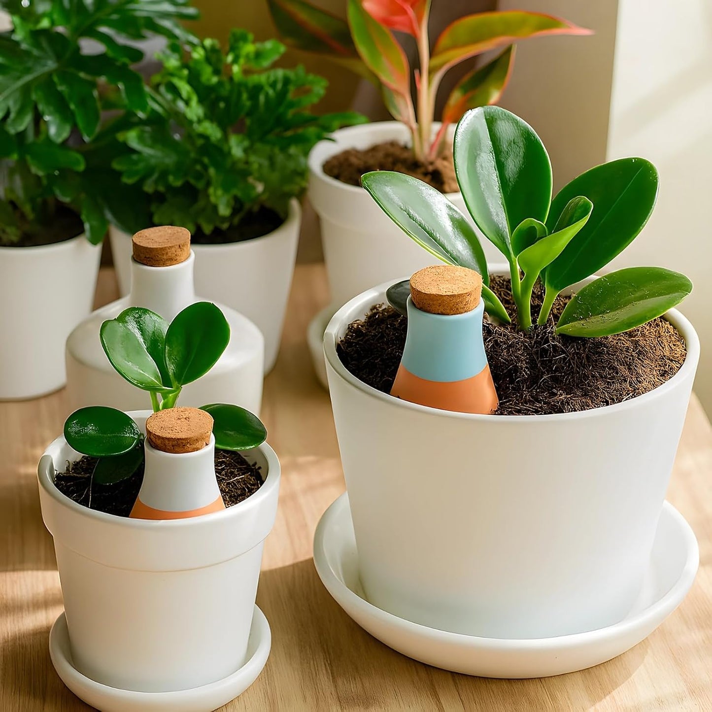 4 Pcs Terracotta Self-Watering Spikes for Outdoor Plants, Large Ceramic Watering Spikes with Cork Stopper, Ideal for Garden, Reduces Water Waste, Includes Green, Blue, Pink, and Orange Spikes