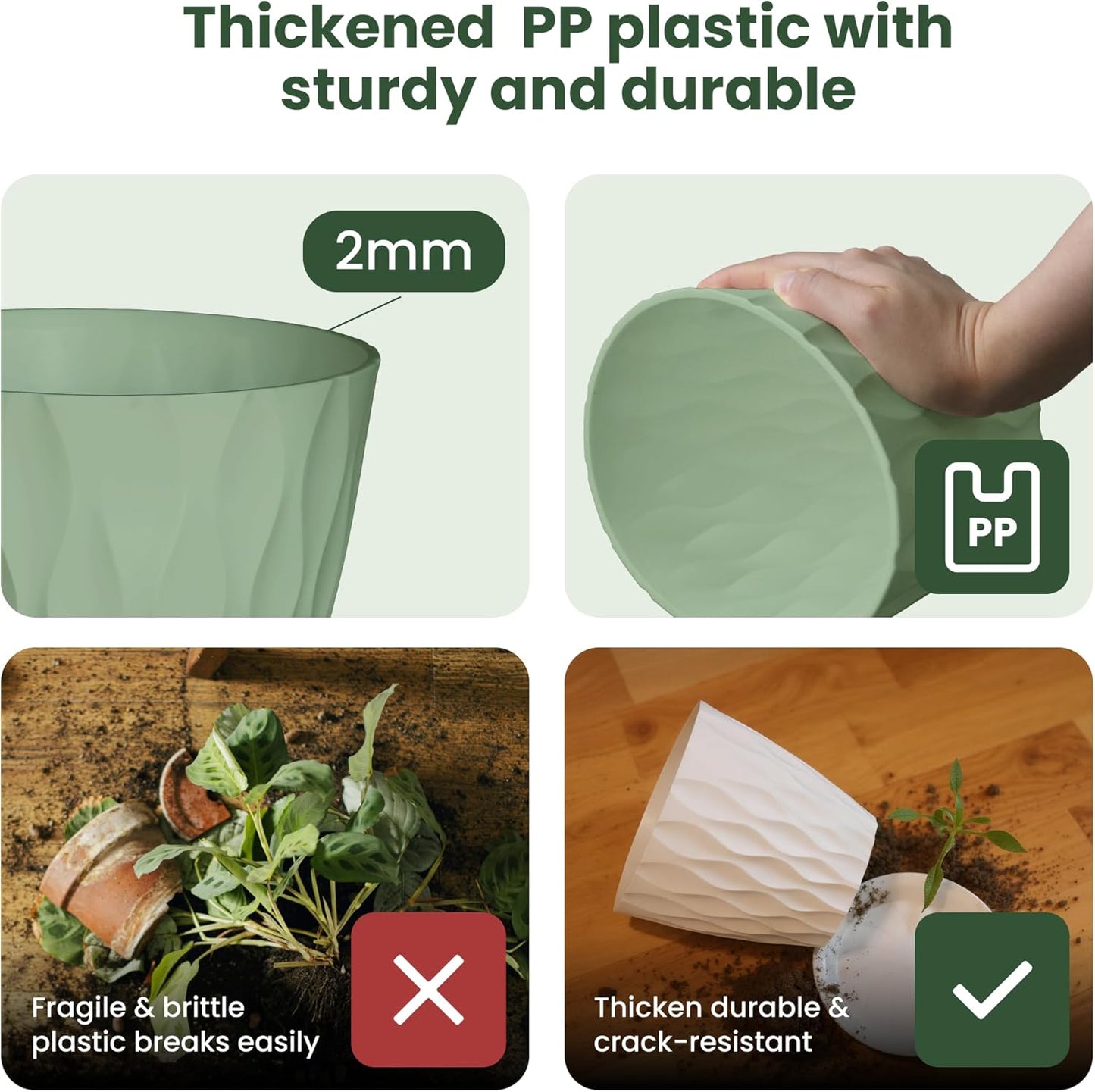 Plastic Flower Pots, 8/7/6/5/4 Inch Plant Pots with Drainage Holes, Plastic Planters for Indoor Outdoor Plants, 5 Pack Nursery Planting Pot for Garden Office Home Decor (Green, 8/7/6/5/4)