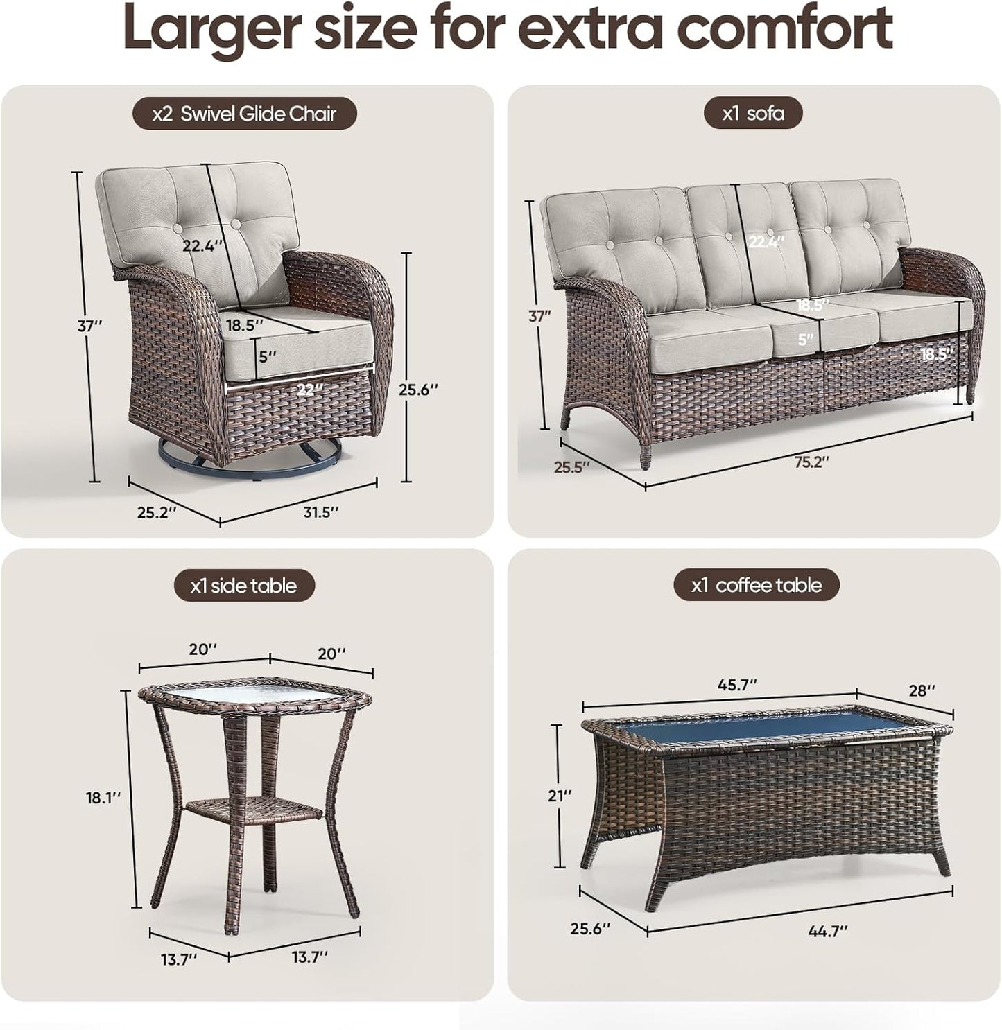 5-Piece Rotating Balcony Chair Set with 31-inch T-Shaped Wide backrest - Rattan Outdoor Rotating Balcony Chairs, Wide backrest Comfortable Outdoor Sliding Chair - Brown | Beige