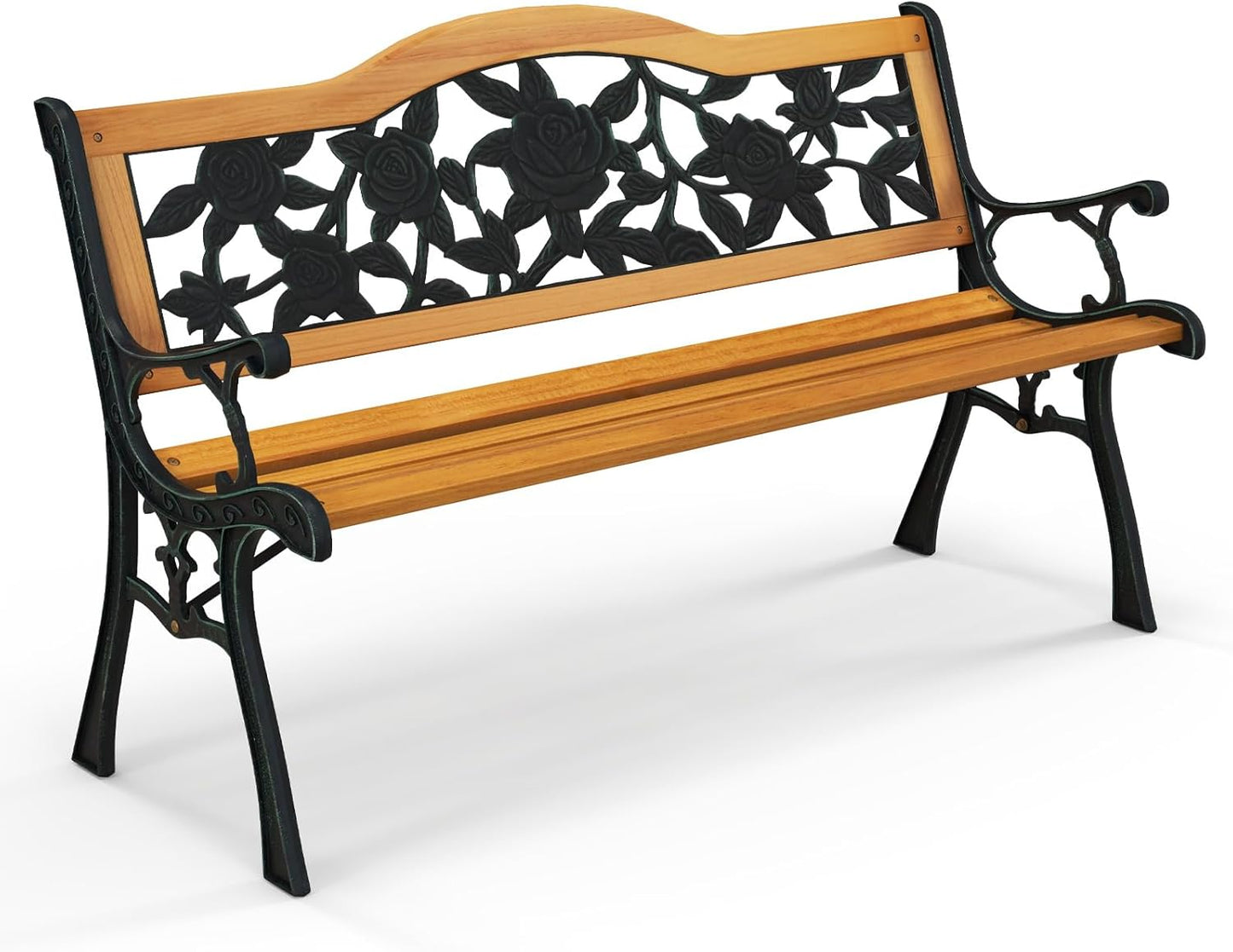 Tangkula Outdoor Garden Bench Park Bench, Patio Furniture Bench Chair with Cast Iron & Hardwood Structure, Weather Proof Porch Loveseat, Perfect for Backyard, Deck, Lawn, Poolside