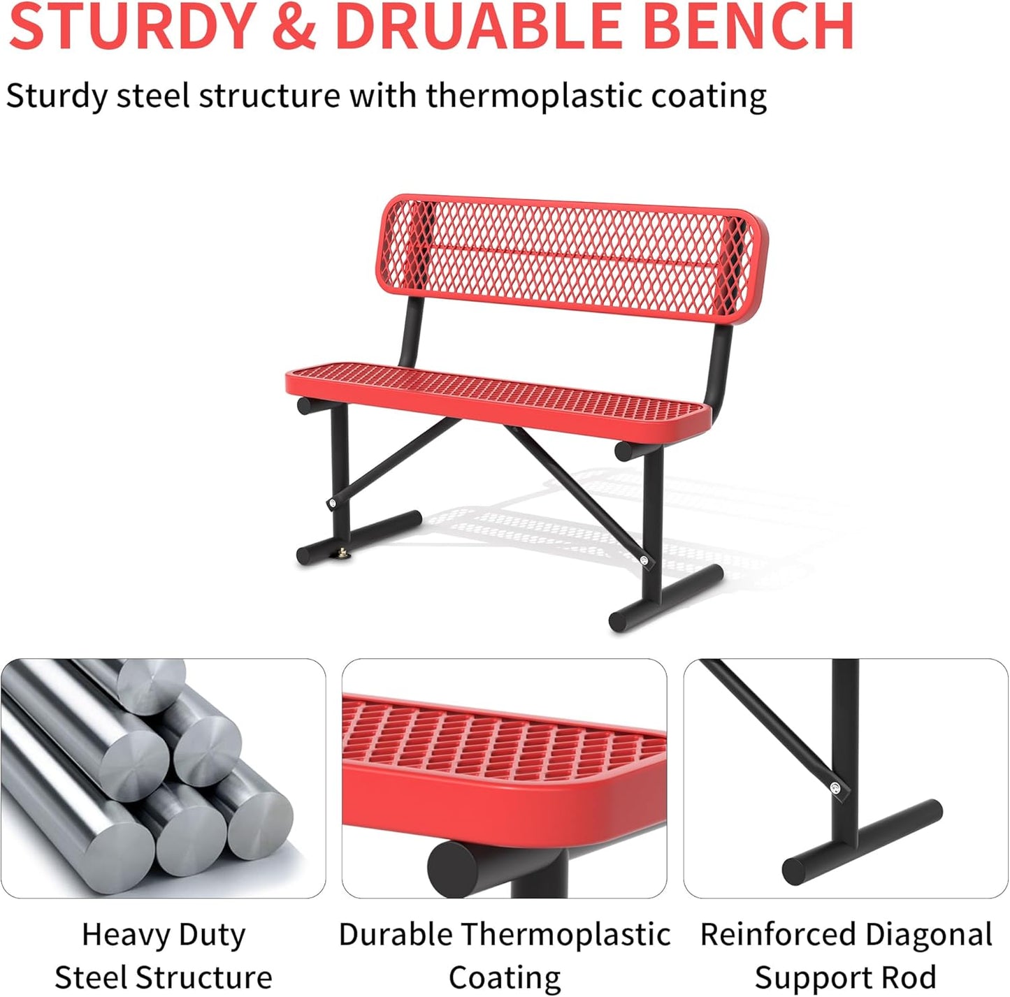 4 Feet Heavy Duty Metal Park Bench for Outside, Outdoor Bench with Backrest & Portable Frame, Commercial Benches for Shopping Malls, Stores, Parks, Patios, Decks, Red