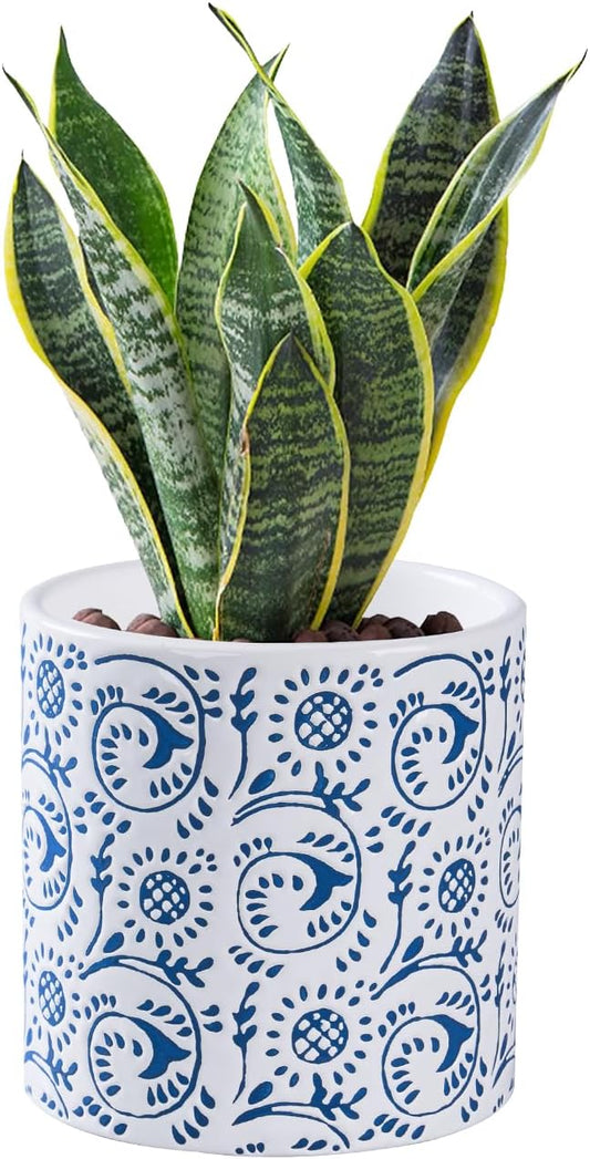 Ceramic Plant Pot for Indoor Plants, 4.7 Inch Blue & White Floral Porcelain Ceramic Decorative Flower Pot with Drainage Holes, Modern Planter for Home & Office Decor