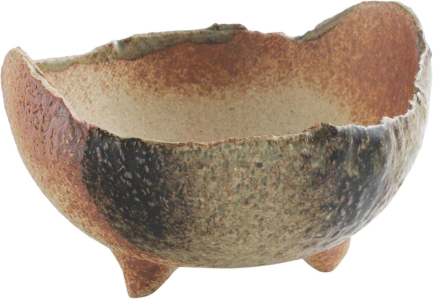 Wazakura Banko Series Japanese Handmade Rustic Crescent Shape Bonsai Pot 4.72 in (120 mm), Made in Japan Ceramic Garden Planter, Decorative Flower Vase, Unglazed Houseplant Bowl - Sand Green