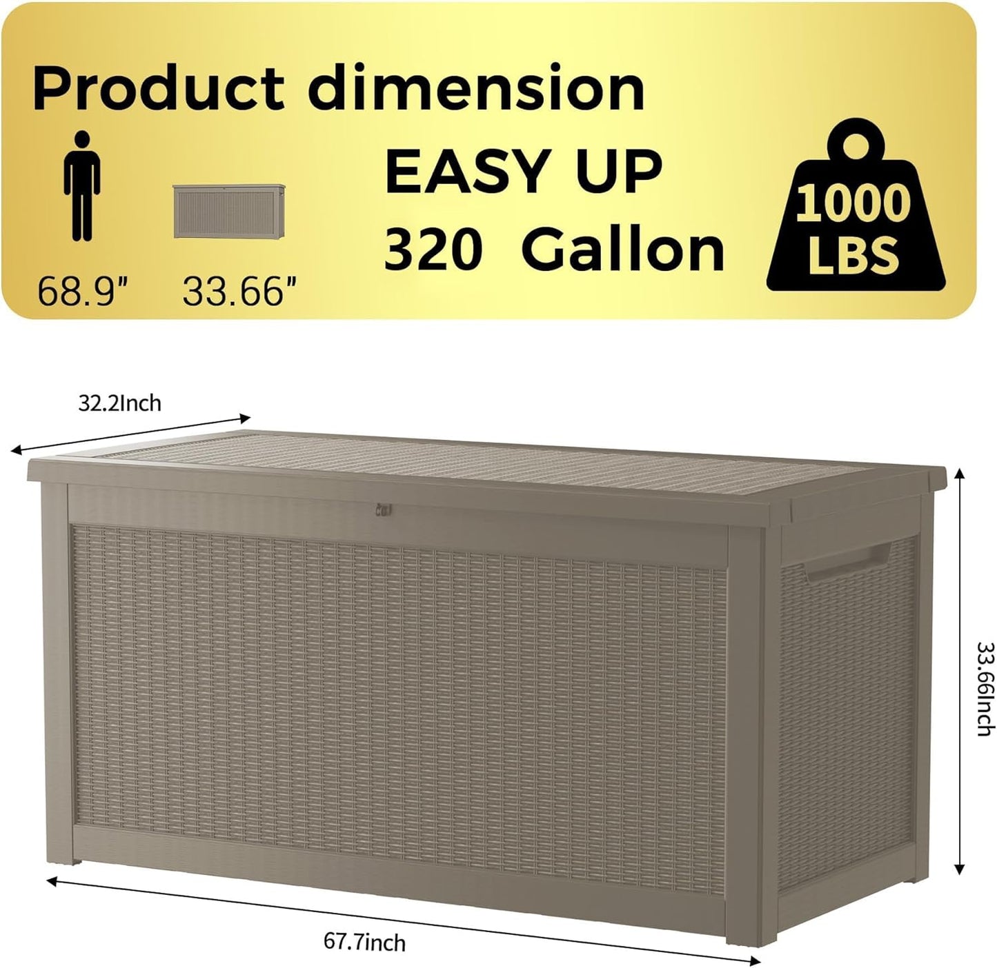 320 Gallon Waterproof Deck Box, Lockable Resin Storage Box for Patio Furniture Cushions Garden Tools and Outdoor Delivery Storage, Coffee