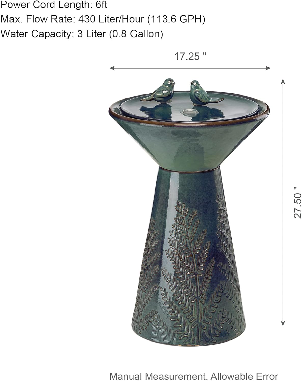 Glitzhome 27.5" H Outdoor Garden Water Fountain with LED Light and Pump, Turquoise Two Birds Embossed Pattern Pedestal Ceramic Floor-Standing Water Fountain for Yard Floor Patio Backyard