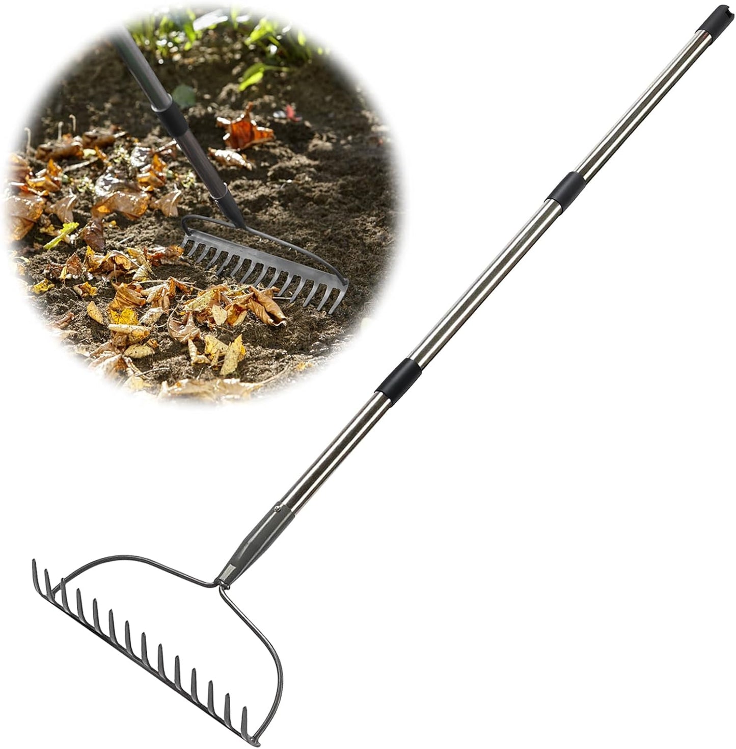 Garden Rake, 6 FT Bow Rakes for Lawns Heavy Duty, Yard Metal Rake with Adjustable Long Handle, 14 Tines Head, Gardening Tool for Loosen Soil, Gather Leaves, Level Mulch, Remove Debris