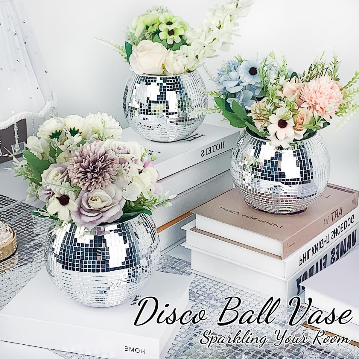 2 Pcs Disco Ball Vase, 5 x 6 Inch Mirrored Disco Ball Planters Perfect for Decorative Living Room, Bedroom, Dining Table, Wedding, Party, Birthday