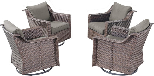 Outdoor Patio Wicker Swivel Chairs - Set of 4 Outside Rattan Rocker Glider Chair Rocking Armchairs for Front Porch Balcony Backyard Yard Deck Poolside Apartment – Brown/Grey