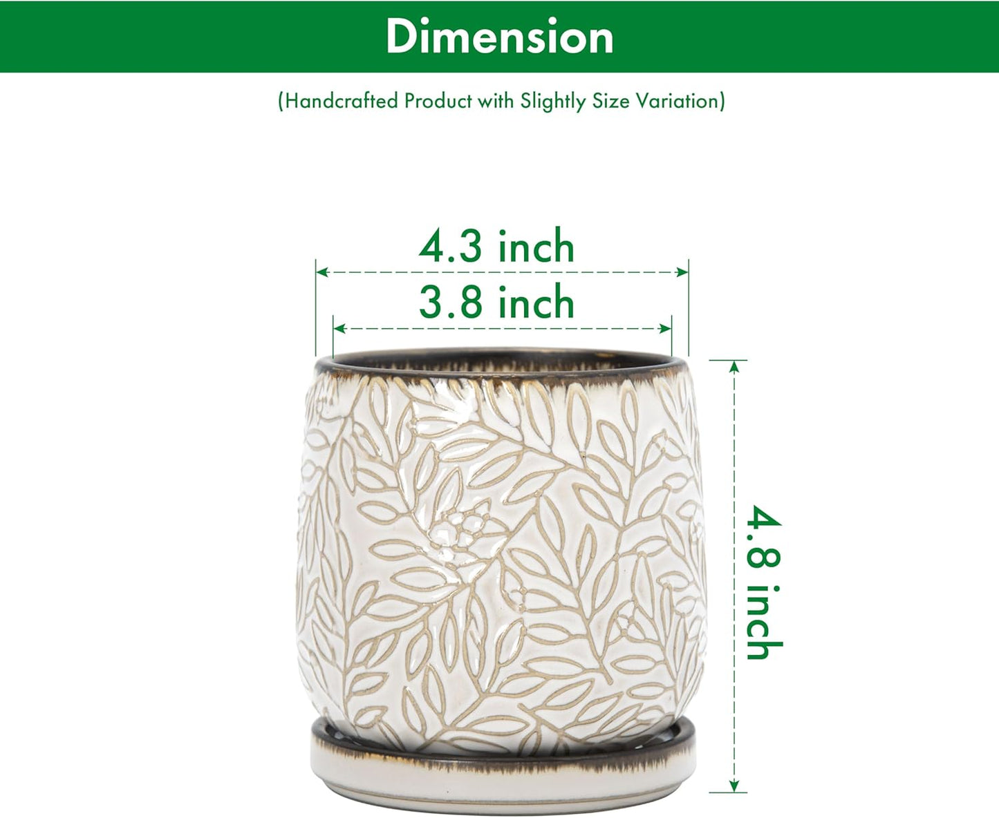 D'vine Dev 4 Inch Embossed Leaves Stoneware Planter Pot with Drainage Hole and Saucer, Smoked White, Set of 2, 27-F-Z-1