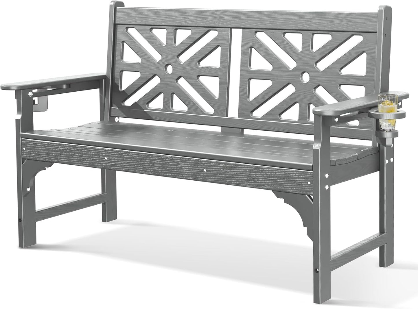 Oversized Outdoor Bench with Cup Holders, 51.5” HDPE Aesthetic Garden Bench for 2 Person, Memorial Benches - Easy Assembly & All Weather, for Porch & Patio, 800lbs Load Capacity (Grey, 1pc)