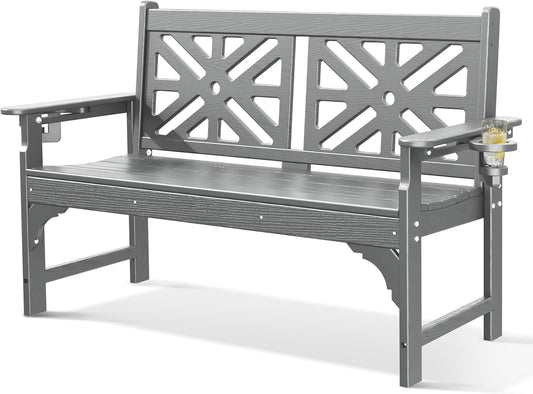 Oversized Outdoor Bench with Cup Holders, 51.5” HDPE Aesthetic Garden Bench for 2 Person, Memorial Benches - Easy Assembly & All Weather, for Porch & Patio, 800lbs Load Capacity (Grey, 1pc)
