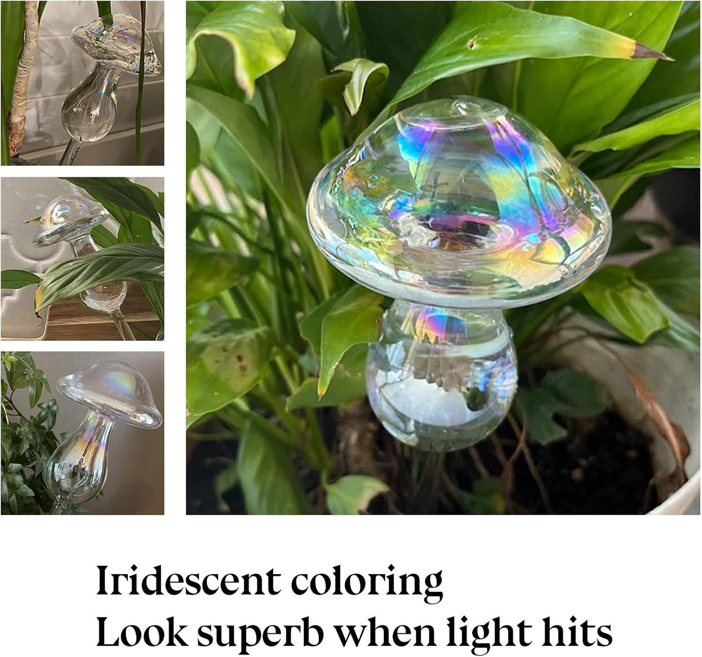 3 Pack Non-Clogging Iridescent Mushroom Plant Watering Globes with Terracotta Spikes, Hand Blown Glass Self Watering Planter Insert Plant Watering Devices Bulbs for Indoor and Outdoor Plants