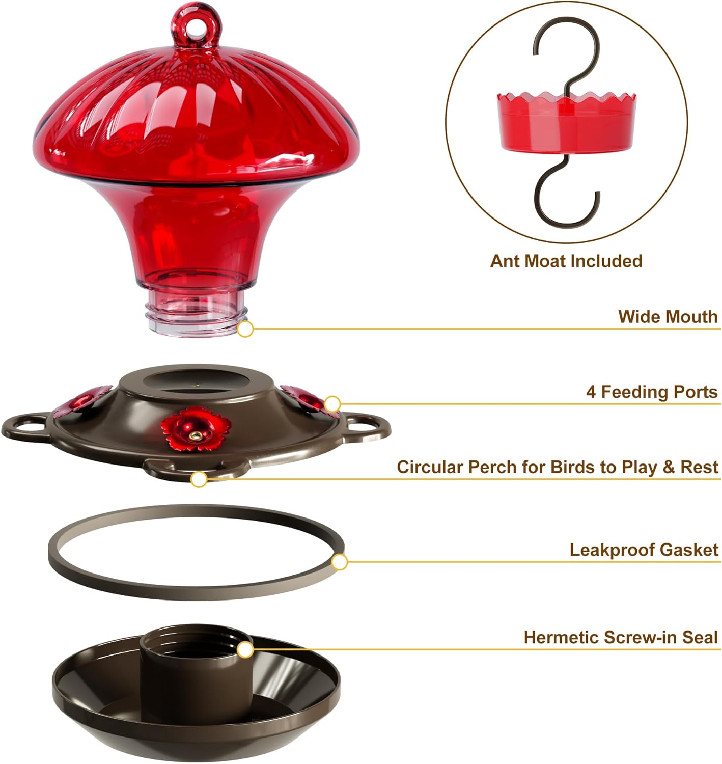 Hummingbird Feeder, Auslar 15 Ounces Glass Hummingbird Feeders for Outdoors Hanging Ant and Bee Proof, Ant Moat & 4 Flower Feeding Ports, Rustproof, Leakproof, Mushroom Shape, Red