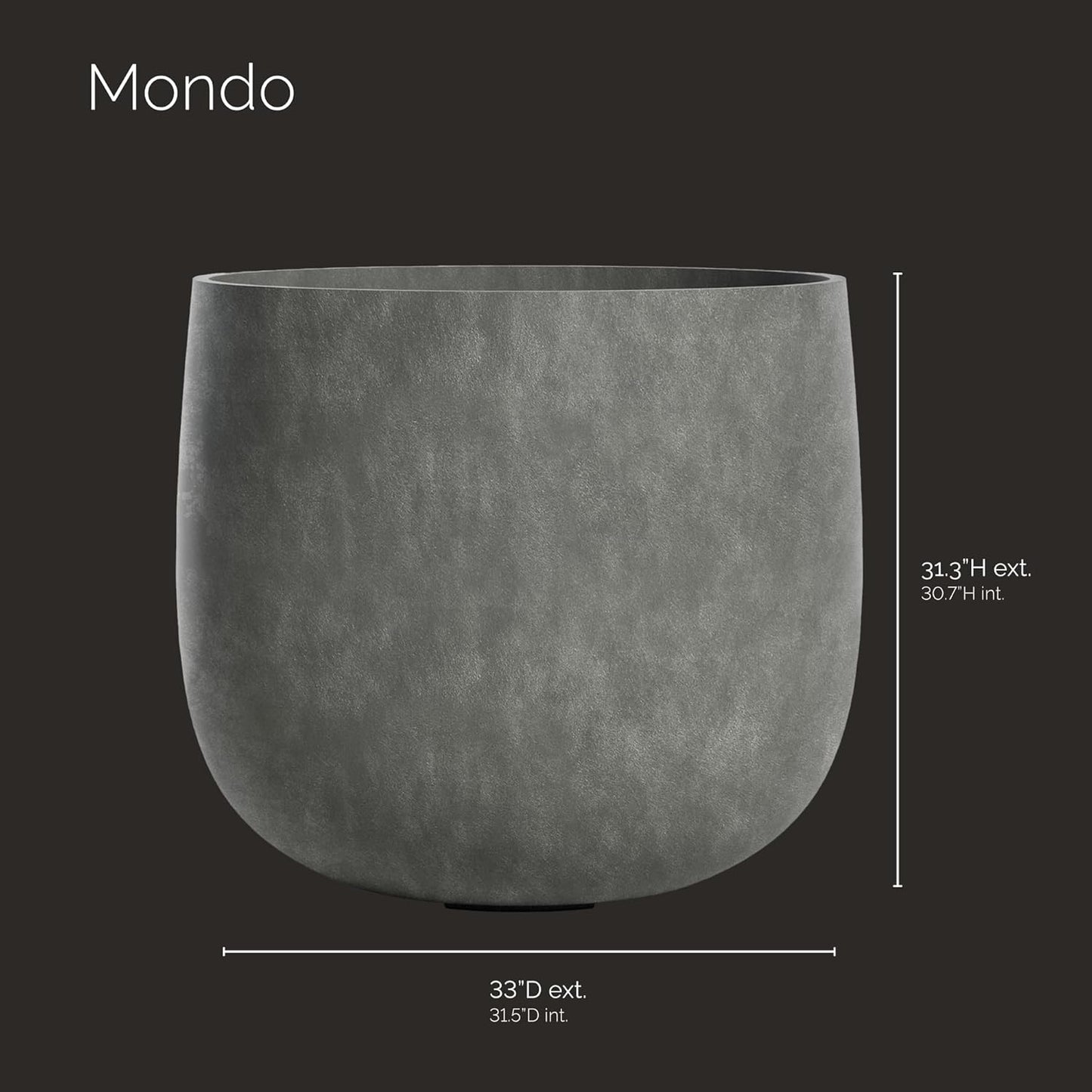 Mondo Large Planter – Grey Stone Finish – Fiberglass Indoor/Outdoor and Weather-Resistant Round Planter (33" D x 31.3" H Exterior, 31.5" D x 30.7" H Interior)