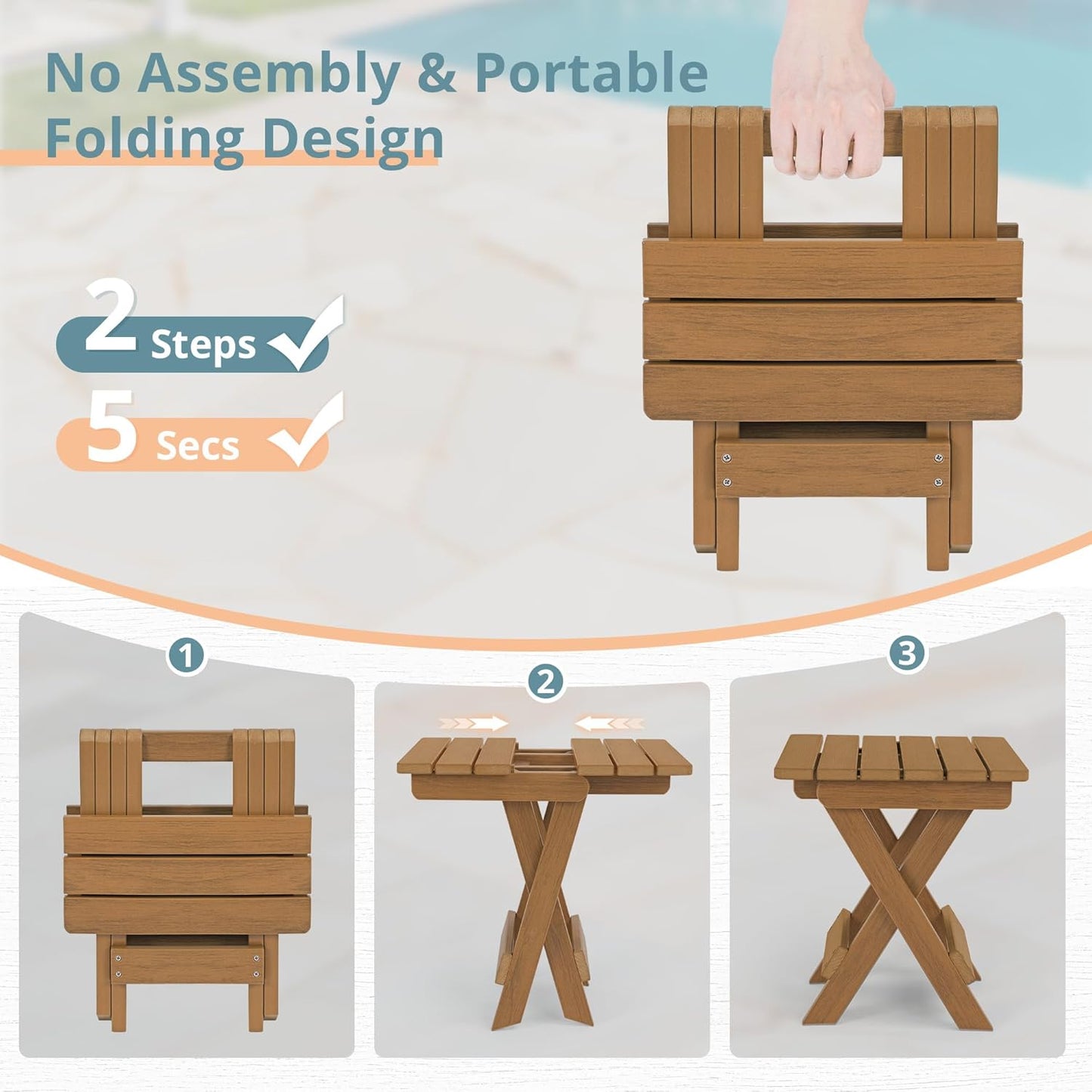 LUE BONA Small Outdoor Folding Side Table, HDPS Outside End Table for Patio, Porch, Deck, Pool, 14 Inch Height, Teak Color Oil Printed