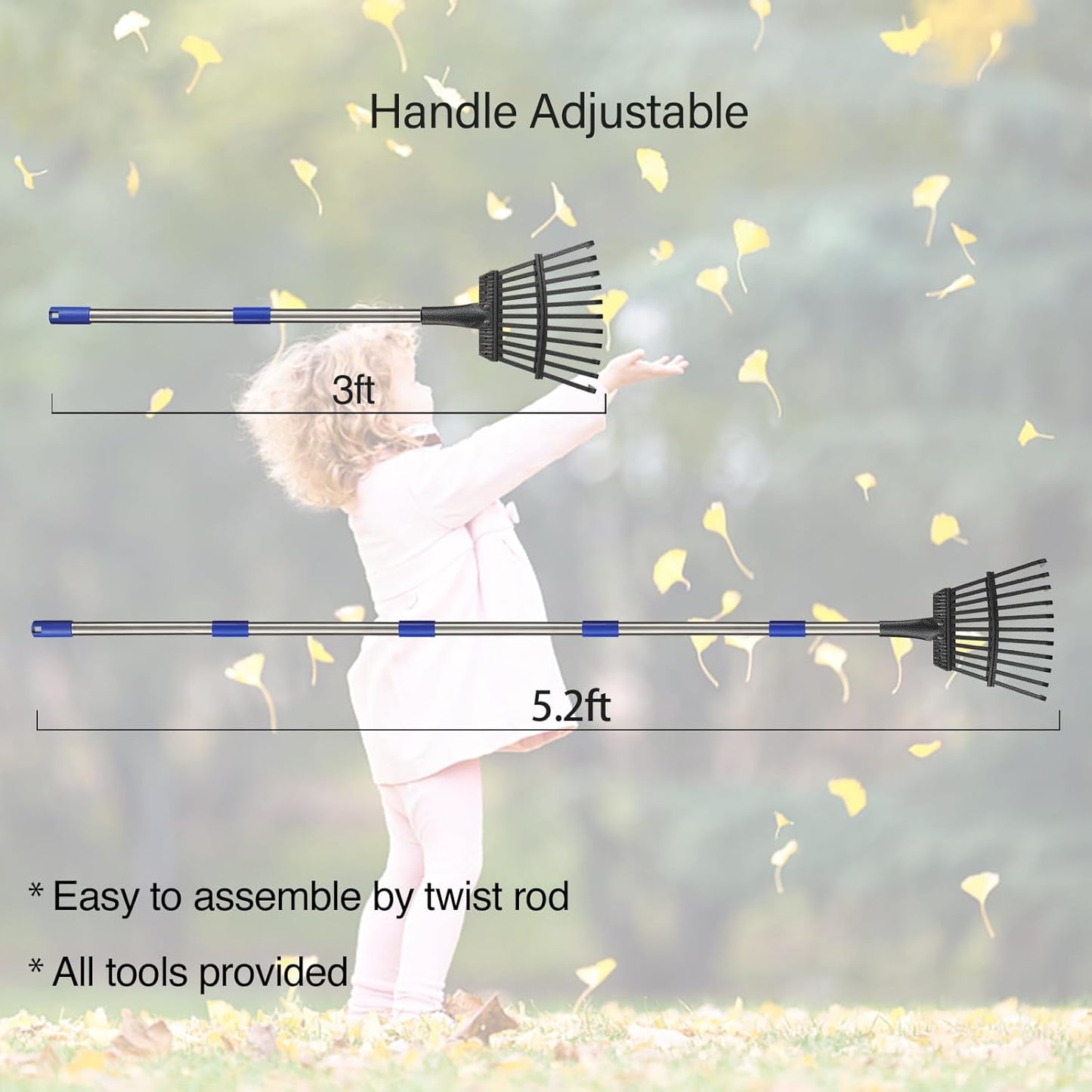 Rake for Leaves, 8" Wide 11 Tines Small Metal Hand Garden Adjustable Lawn Yard Shrub Kids Leaf Rake Heavy Duty Garden Tool for Gardening