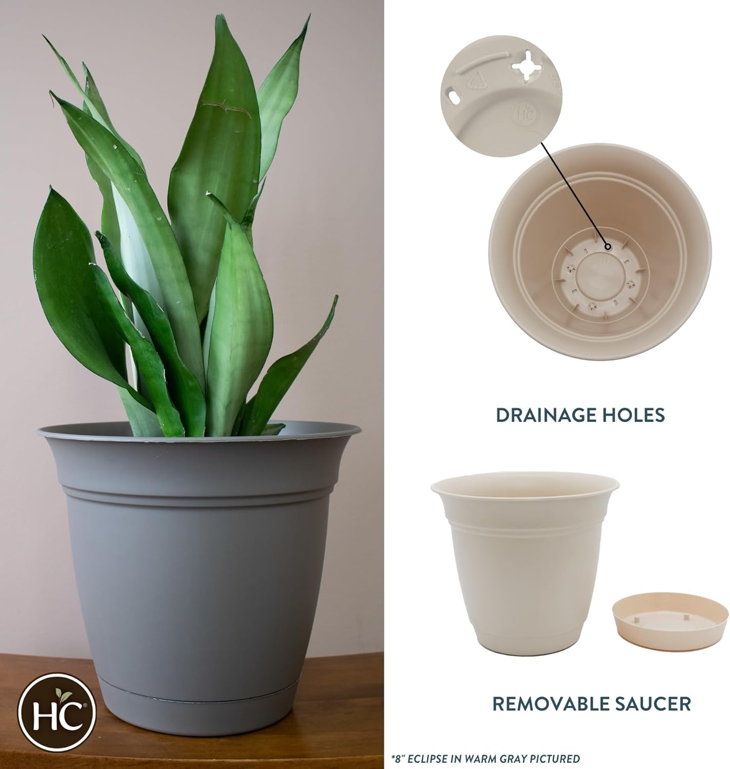 The HC Companies Eclipse Round Planter with Saucer - Outdoor & Indoor Plant Pot with Drainage Holes - Lightweight, UV-Resistant Plastic Pots for Plants, Flowers & Herbs (6” Cottage Stone, Pack of 1)