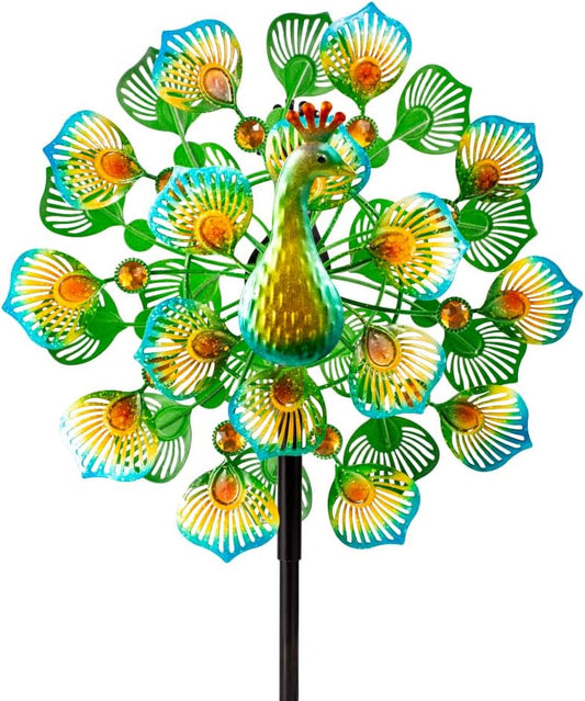 Peacock Wind Spinners Outdoor,13” Metal Wind Spinner Garden Pinwheels,360°Peacock Wind Sculptures & Spinners,Kinetic Wind Spinners for Yard and Garden(13.8”W X 64.2”H)