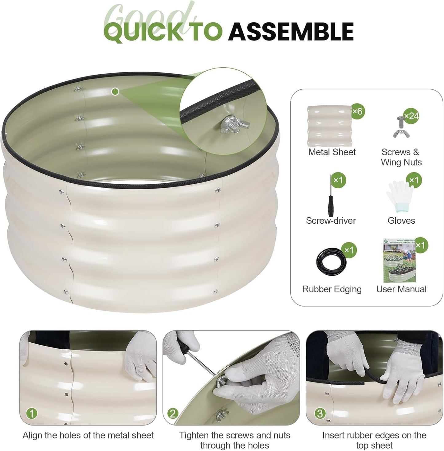 G GOOD GAIN Round Raised Garden Bed - 3Pcs 2x2x1ft Galvanized Steel Planter Boxes Outdoor with Rubber Edge Trim | Metal Raised Beds for Gardening Vegetables Flowers Fruits Herbs (White)