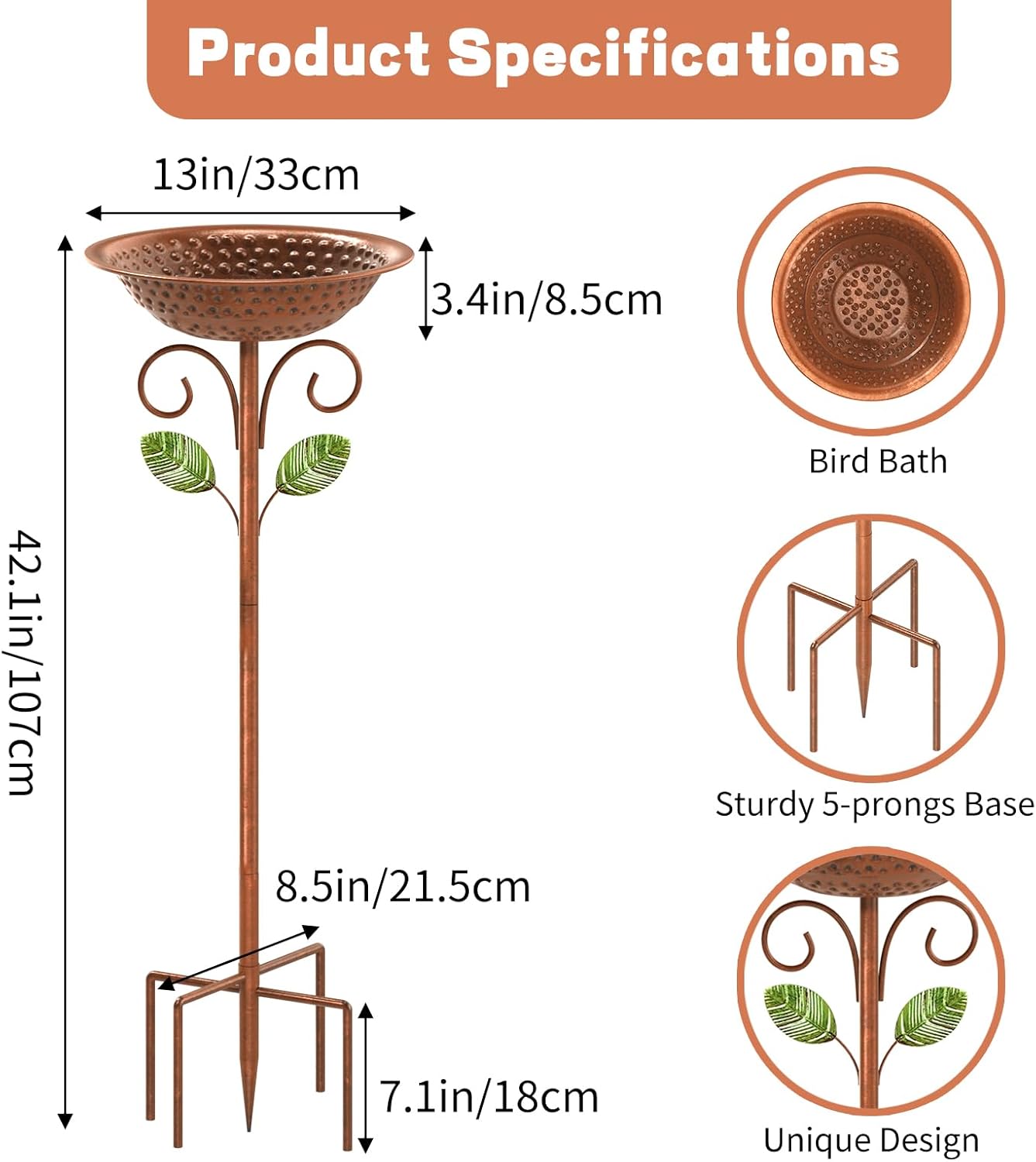 Metal Bird Bath for Outside Garden Birdbath Bowl, 42.1" Height Bird Feeders for Outdoors with 5 Prongs Base Stake, Standing Birdfeeders Bath Bowl for Yard Lawn Decor (A)
