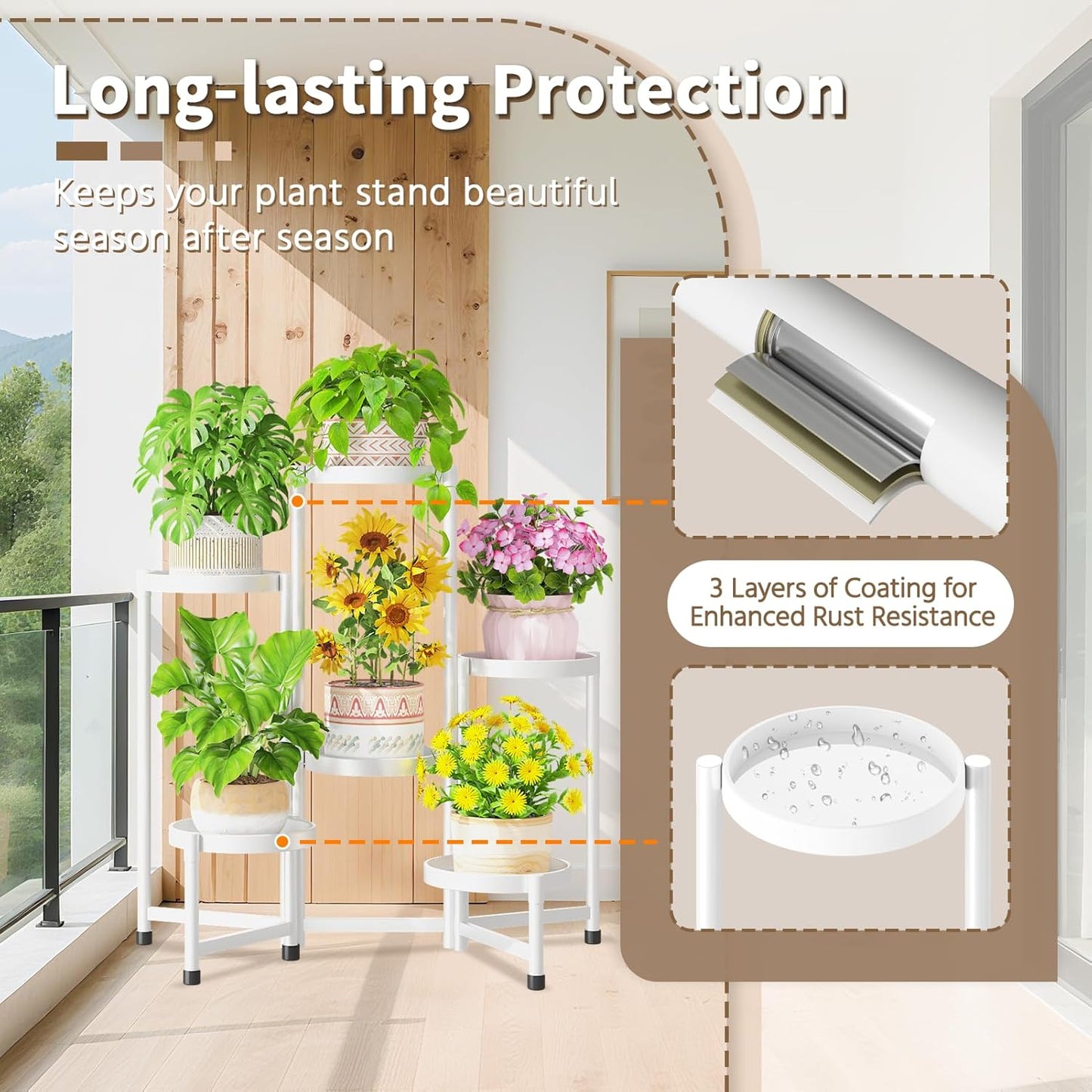 LASZOLA 6 Tiered Folding Plant Stand Indoor for Multiple Large Planter, Tall Heavy Duty Adjustable Rack with Rust Proof 10 Inch Wide Tray, Sturdy Vertical Tree Organizer for Narrow Inside Floor, White