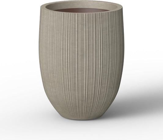 Kante Round Fluted Concrete Planter, 16.9-Inch Dia Barrel-Style Pot with Drainage Hole, Weathered Finish with Warm Brown Interior, 13.7" Opening, for Indoor and Outdoor Use