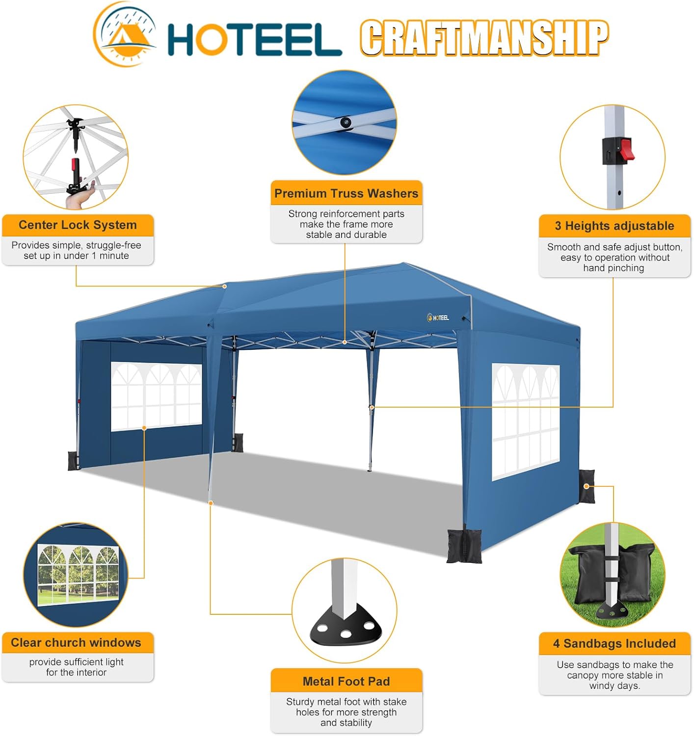 HOTEEL 10x20 Pop up Canopy with 6 Sidewalls, One Push Instant Setup Outdoor Canopy Tent with Reinforce Rod, Weight Bag, for Parties, Events, Blue