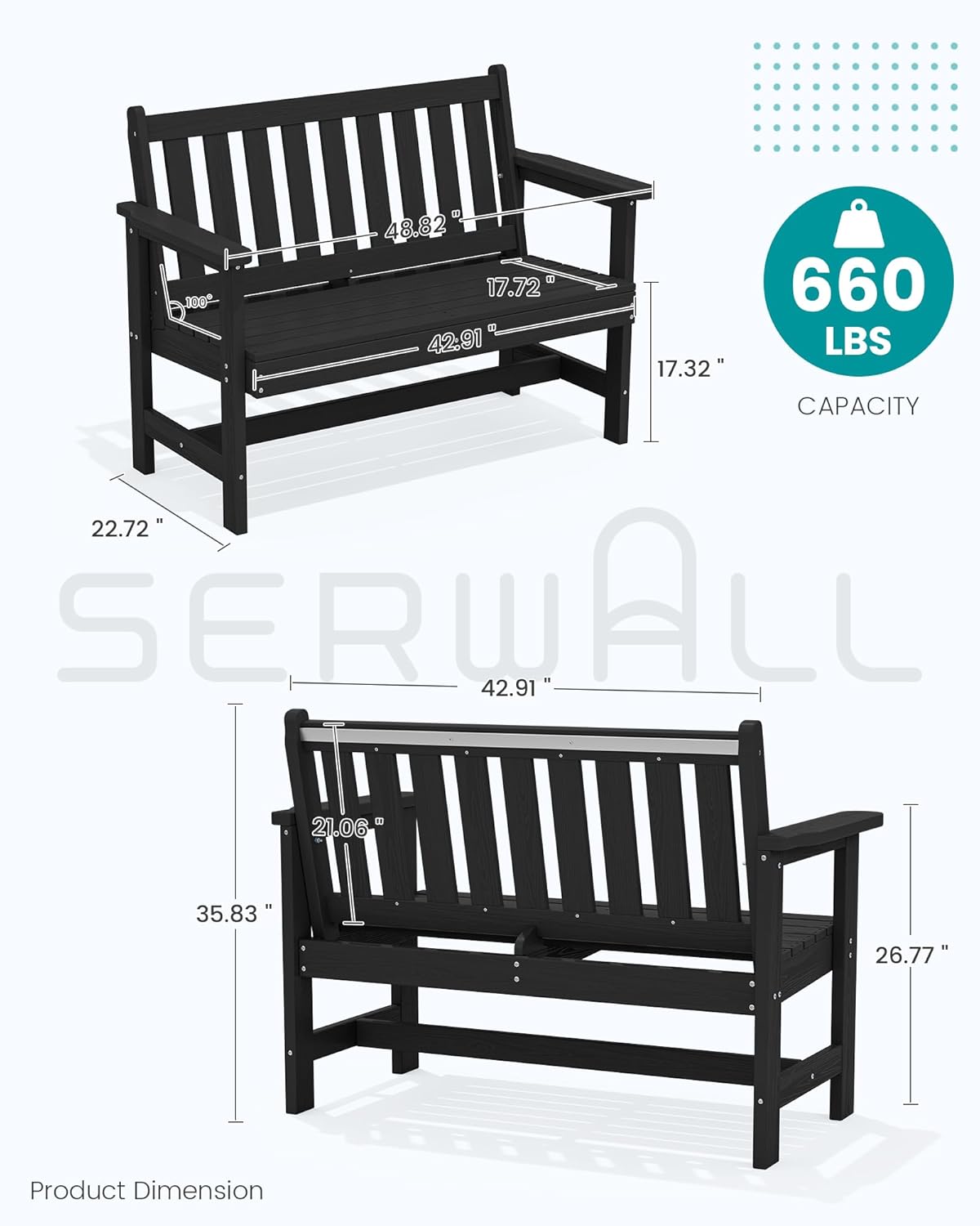 SERWALL Outdoor Bench, HDPE Outdoor Benches Weatherproof, 2-Person Garden Bench with 660 lbs Weight Capacity, Patio Benches for Outdoors, Garden, Porch, Backyard and Park, Black, 4 Pack