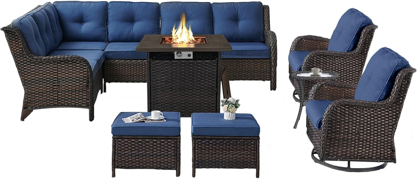 Outdoor Sectional Furniture Sofa Set with Propane Fire Pit Table, Wicker Patio Conversation Set with 2 Swivel Rocker Glider Chairs Blue Cushion Perfect for Backyard Casual Gathering