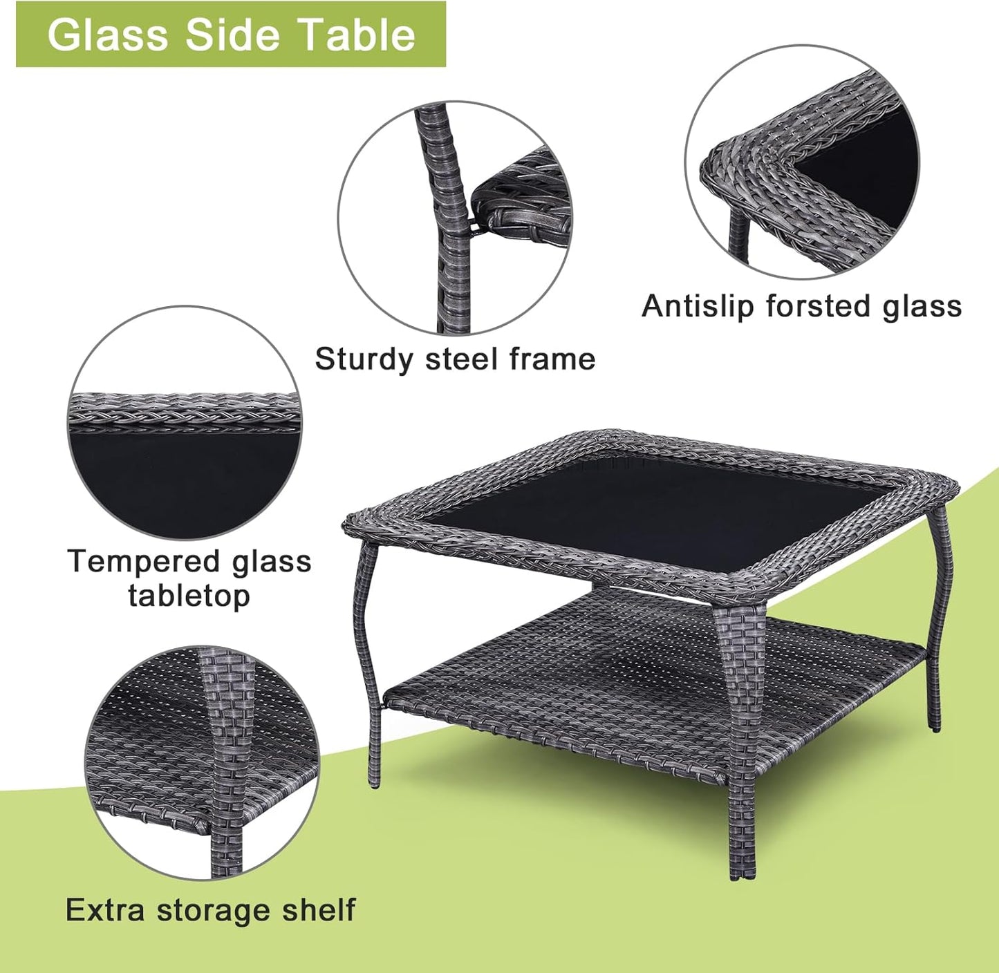 Patio Tables Outdoor Coffee Table - Wicker Rattan Coffee Tables with 2-Tier Storage Shelf Glass Top for Proch Deck Balcony Garden Squre Mixed Grey