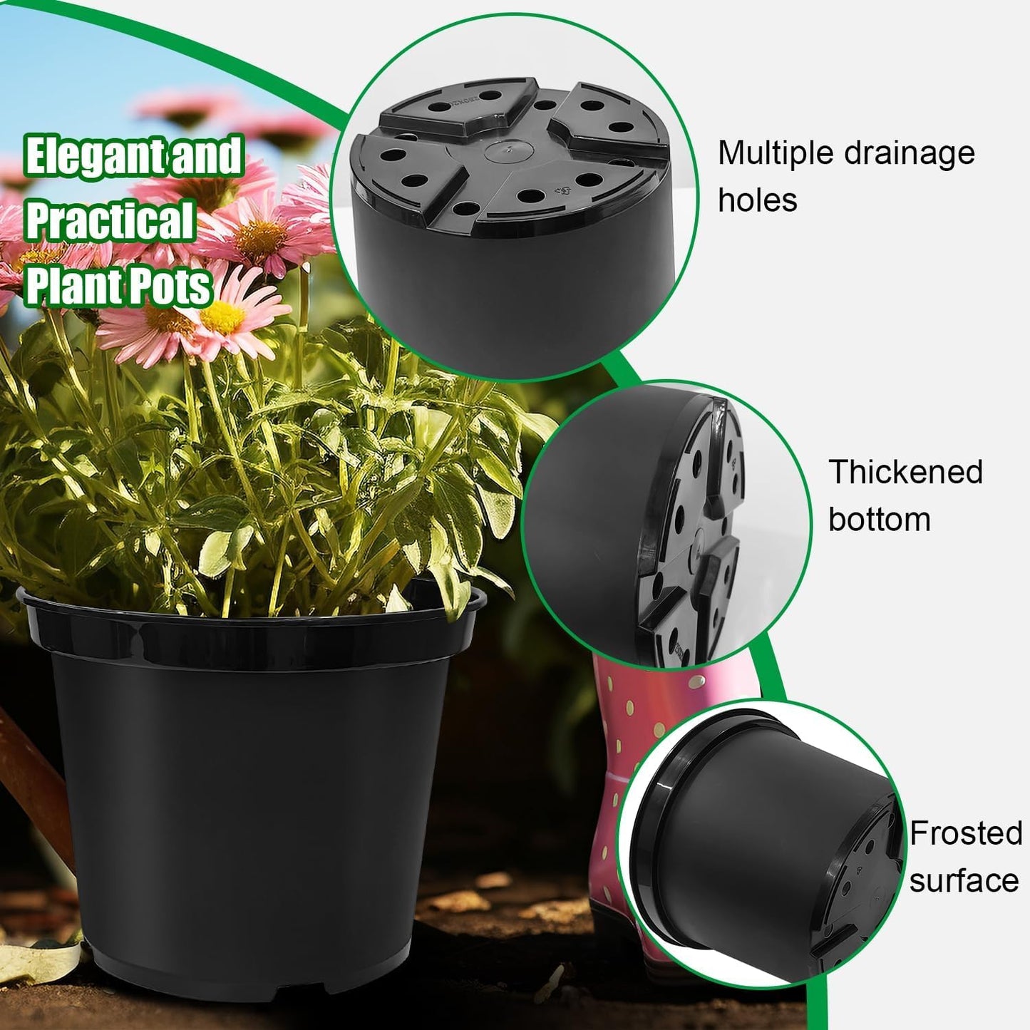 5 Gallon Pots with 10lbs Rocks, 12 Inch Plastic Nursery Pots with Drainage Holes, Round Sturdy Garden Pots with Stones, Deep Nursery Pots for Plants, Gardening Gifts for Women (5-Pack, Black)