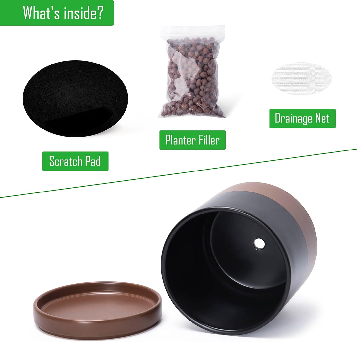 D'vine Dev 4 Inch & 6 Inch & 8 Inch, Set of 3 Round Ceramic Planter Pot with Drainage Hole and Saucer, Black/Speckled Tan, 94-T-M-7