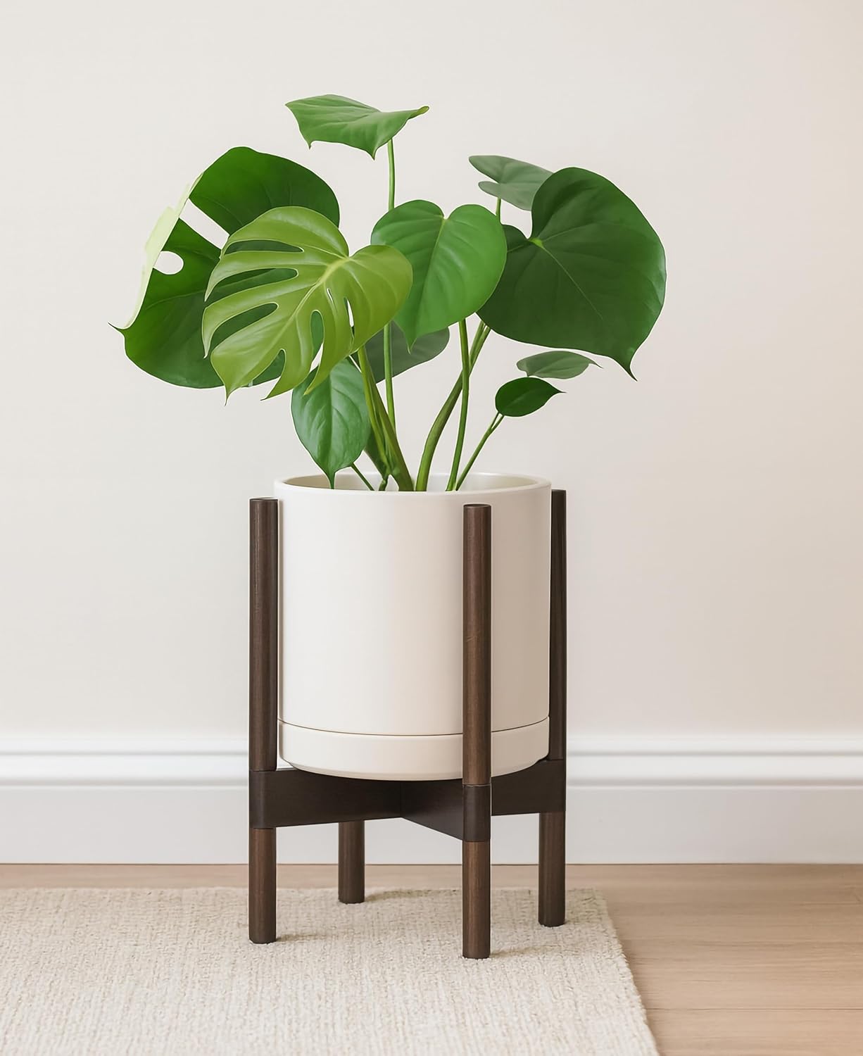 D'vine Dev Ceramic Planter with Walnut Color Stand - 10 Inch Modern Round Flower Pot with Wood Planter Holder, Oatmeal, 55-B-X-8