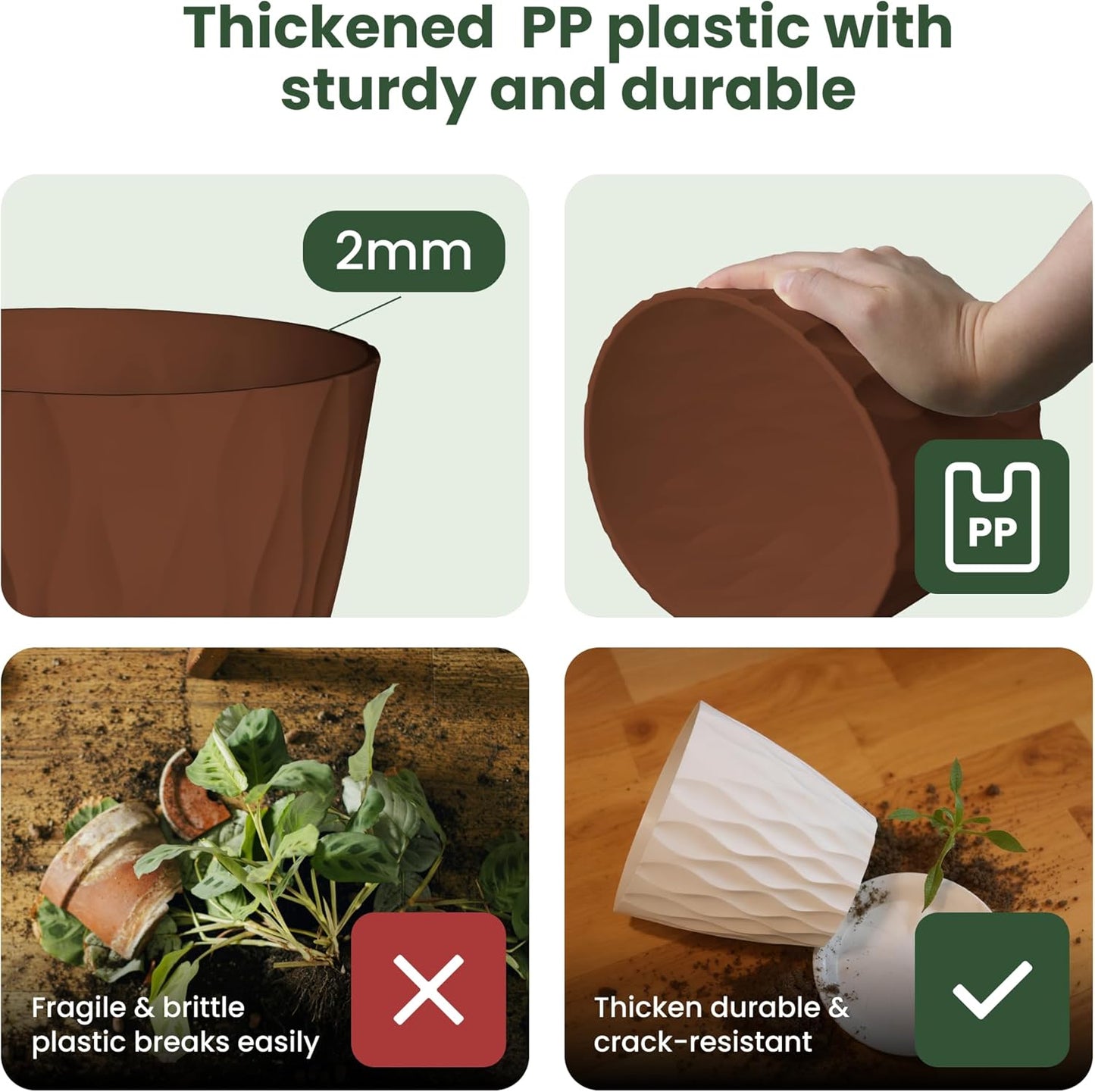 Plastic Plant Pots with Drainage Holes and Saucers, 8/7/6/5/4 Inches Garden Plant Flower Pots for Indoor Planter, 5 Pack Nursery Planting Pot for Indoor & Outdoor House Plants (Multicolor, 8/7/6/5/4)