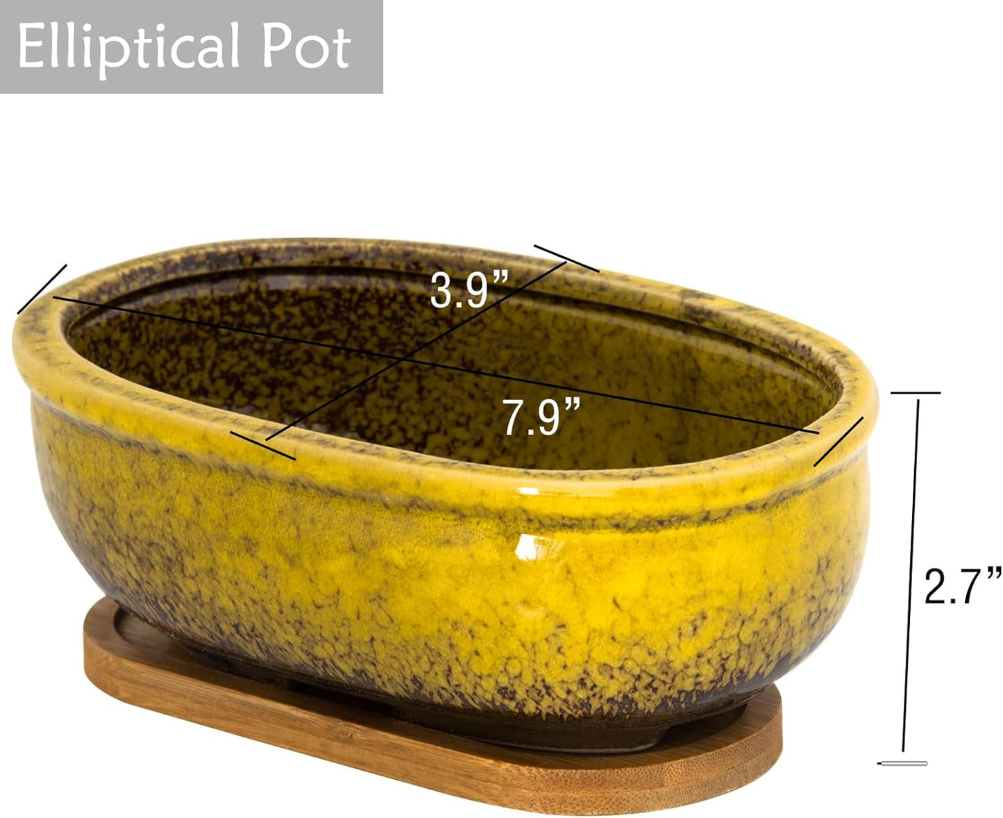 ARTKETTY Succulent Pots, 1 Rectangle Planter + 1 Ceramic Bonsai Pot with Drain Tray, 2 Pack Large Shallow Succulent Planters for Indoor Plants, Round Cactus Flower Plant Pot for Desk Windowsill Decor