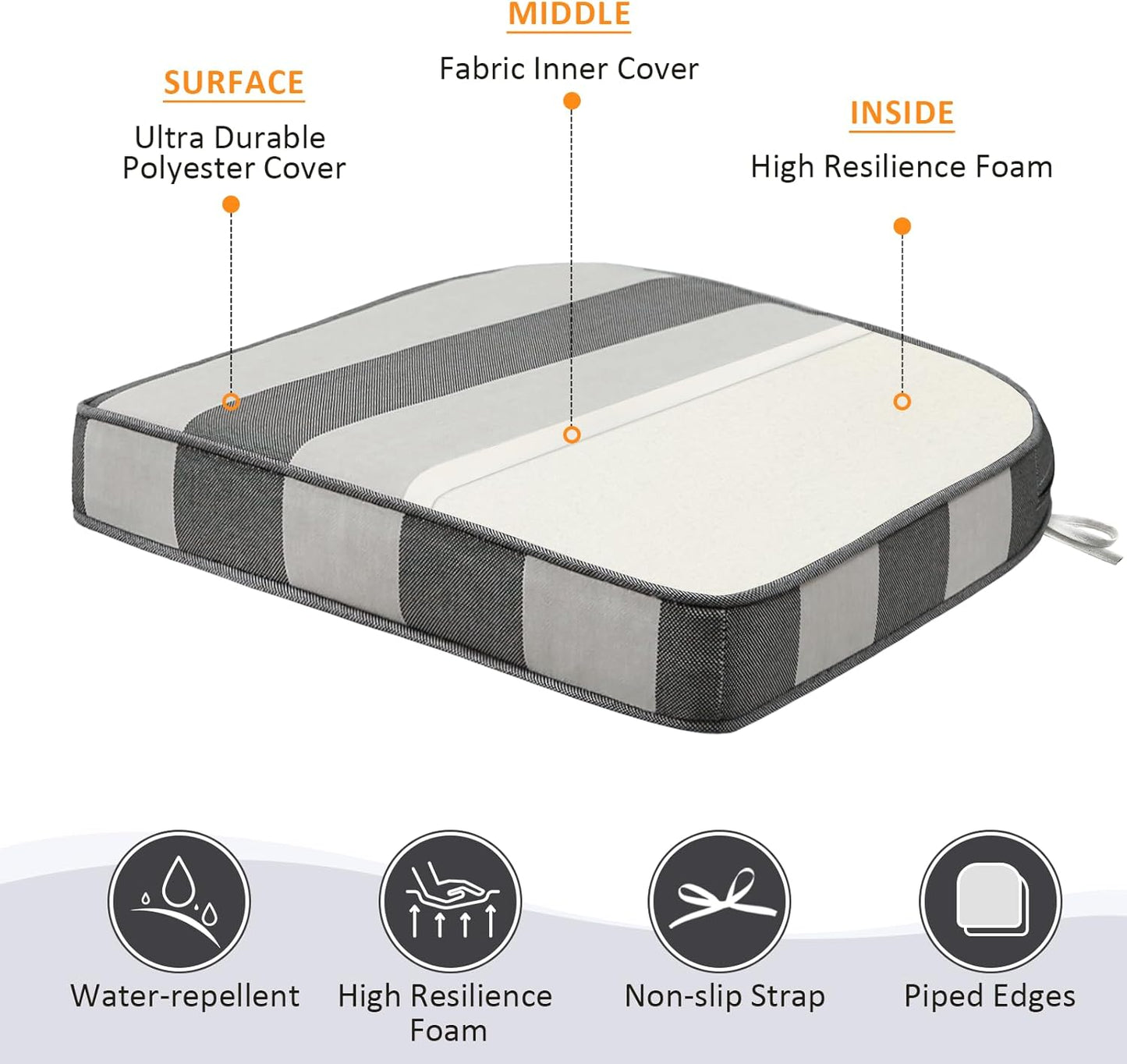 Round Corner Seat Cushions, 17" x 16" x 2", Set of 4, Indoor Outdoor Water Repellent Universal Chair Pads with Ties for Patio Furniture, Garden Deck Dining Chairs, Gray Stripe