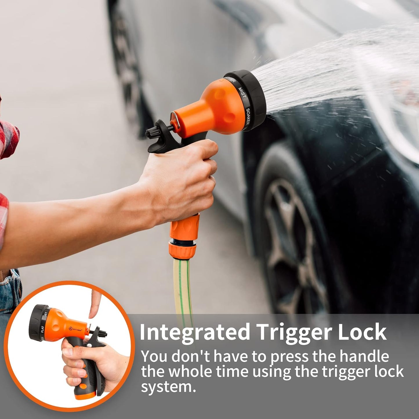 AUTOMAN-Garden-Hose-Nozzle,ABS Water Spray Nozzle with Heavy Duty 7 Adjustable Watering Patterns,Slip Resistant for Watering Plants,Lawn& Garden,Washing Cars,Cleaning,Showering Pets - Orange