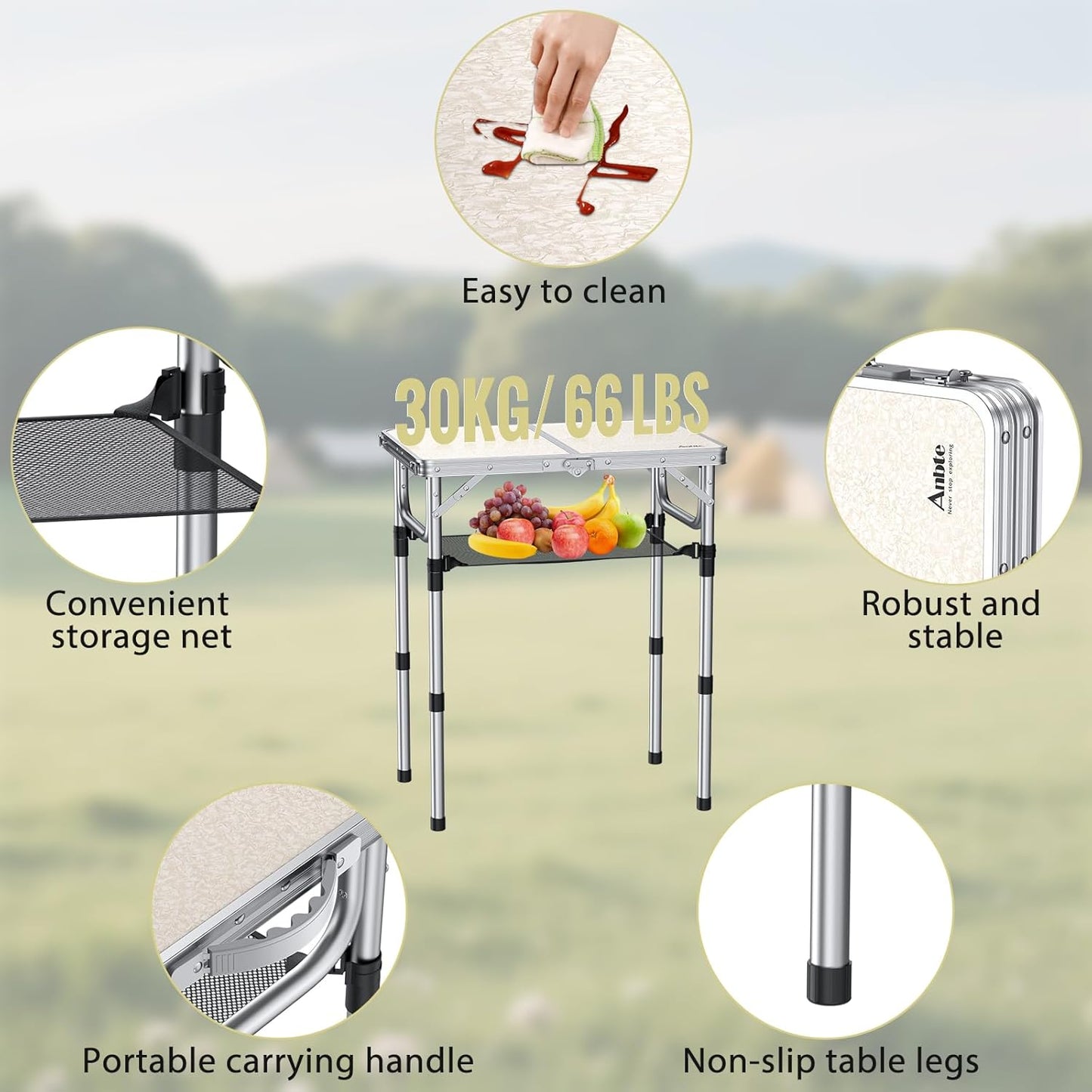 Folding Camping Table, Aluminum 24" x 16" Adjustable Height Small Folding Table with Carrying Handle, Lightweight, Portable Camping Table Waterproof for Outdoor Indoor Picnic Beach BBQ, Silver