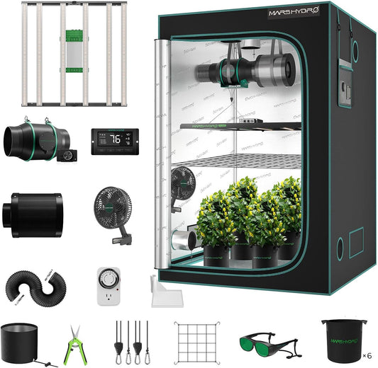 MARS HYDRO 4x4 Smart Grow Tent Kit Complete System with Temperature Humidity Controller,480W FC-E4800 Dimmable Light 2646Pcs LED,48"x48"x80" 1680D High Reflective Mylar,6inch Automatic Ventilation Kit