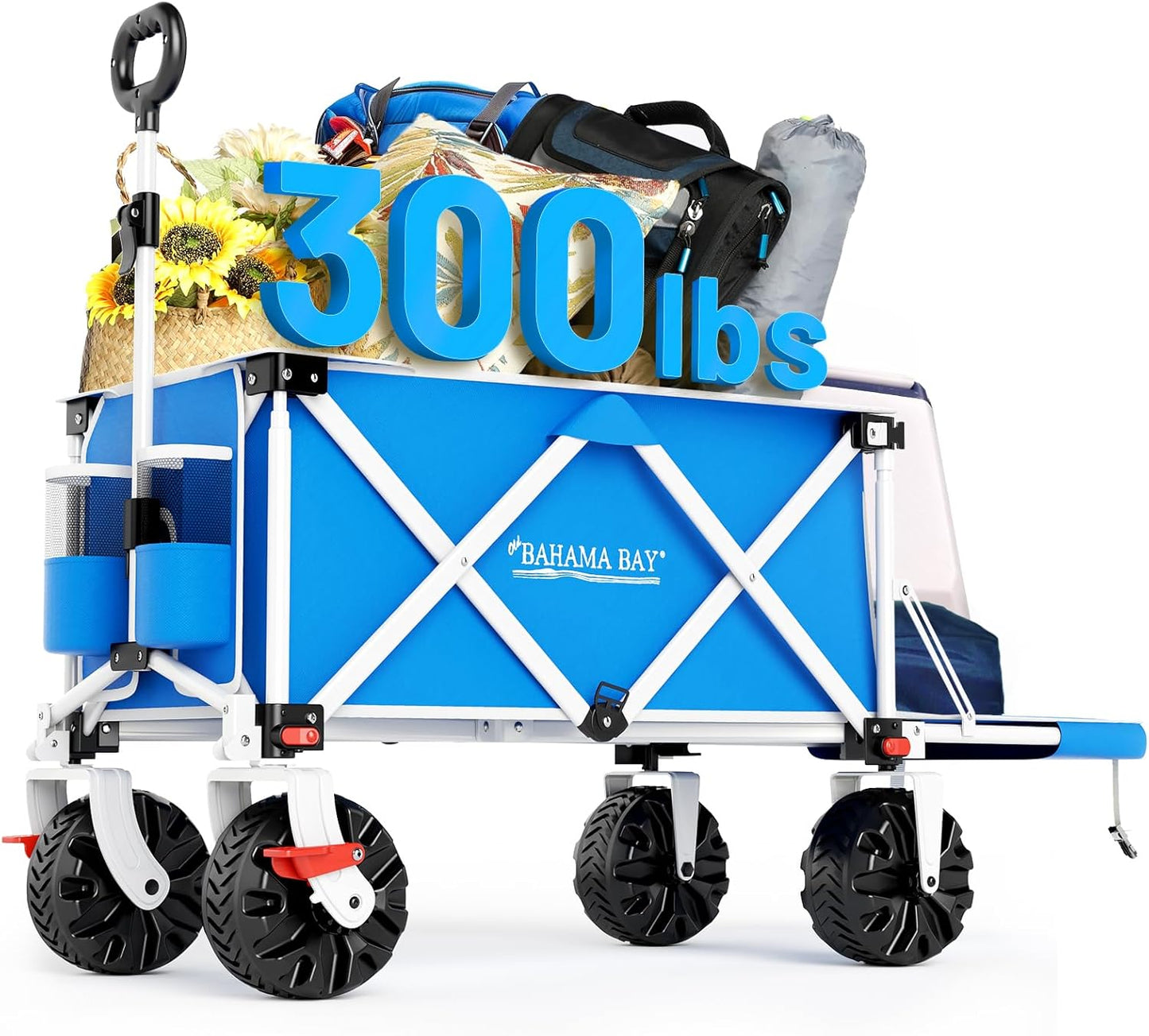 49" L Extra Long Beach Wagon with Tailgate,Big Wheels with Brake for Sand, Collapsible Utility Beach Cart Heavy Duty Folding Wagon,Ideal for Outdoor Sand Camping Garden Pet