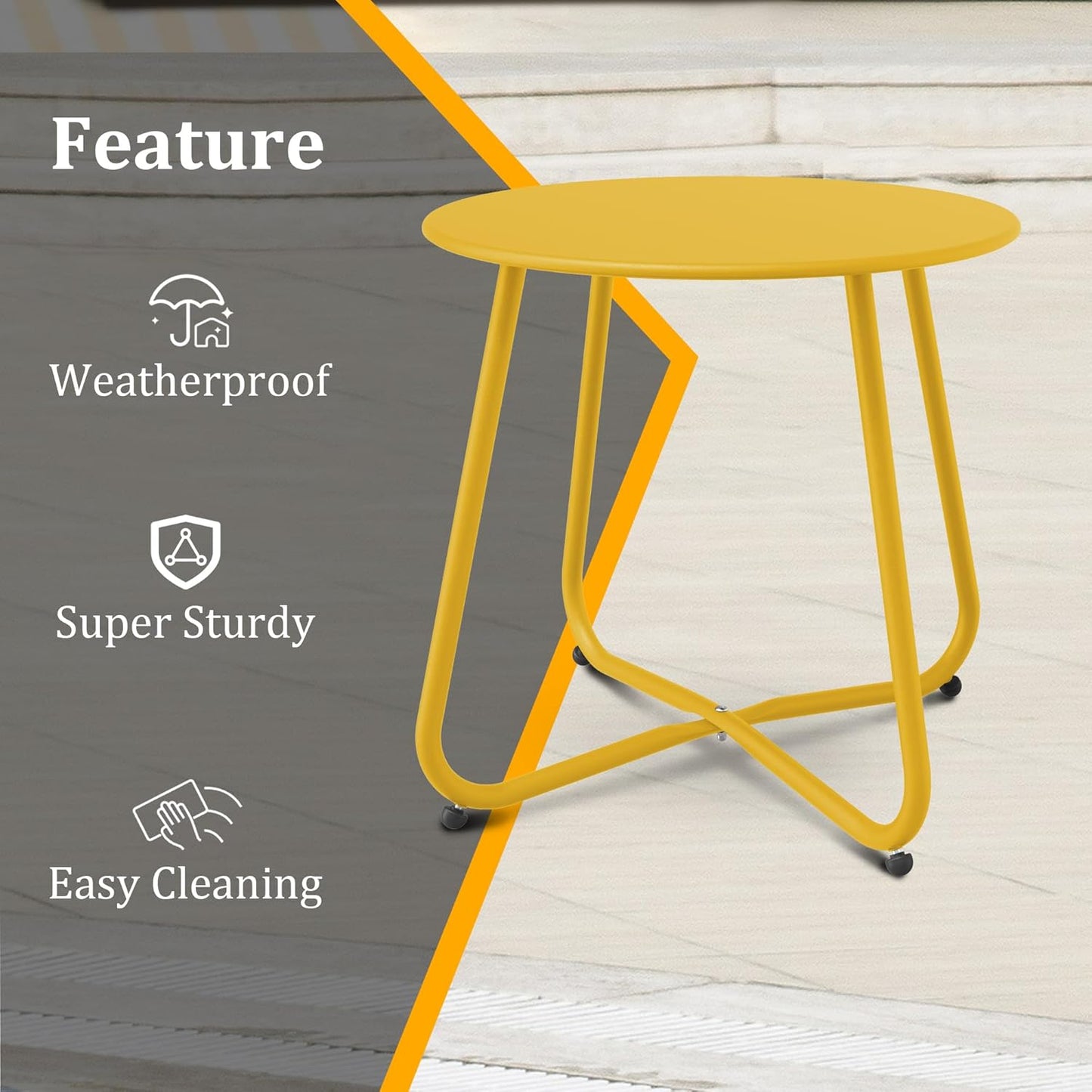 Patio Side Table Waterproof Round Metal Steel Weather Resistant Portable Outdoor and Indoor End Table for Garden Balcony Yard, Lemon Yellow
