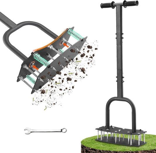 No-Weld Lawn Aerator - Kick to Unclog Jammed Springs! Bolt-On Base is Replaceable, 31"x15" Wide Plate & 11 Deep Tines for Clay Soil, Adjustable T-Handle (Pre-Assembled)