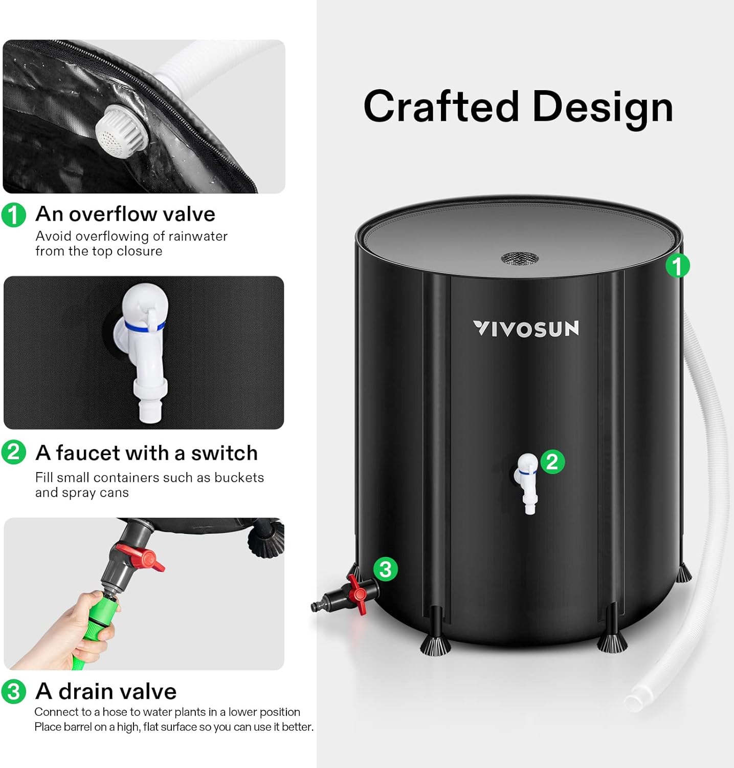 VIVOSUN Collapsible Rain Barrel, 132 Gallon Water Storage Tank with 1000D Oxford Cloth, Portable Rain Collection System Includes Two Spigots and Overflow Kit, Black