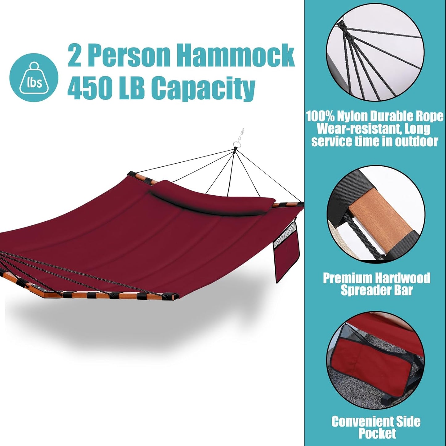 TegerDeger 12FT 2 Person Hammock Large Hammock 450LB Capacity Hardwood Spreader Bar & Nylon Rope for Outside, Patio, Garden, Backyard, Beach, Poolside - Red