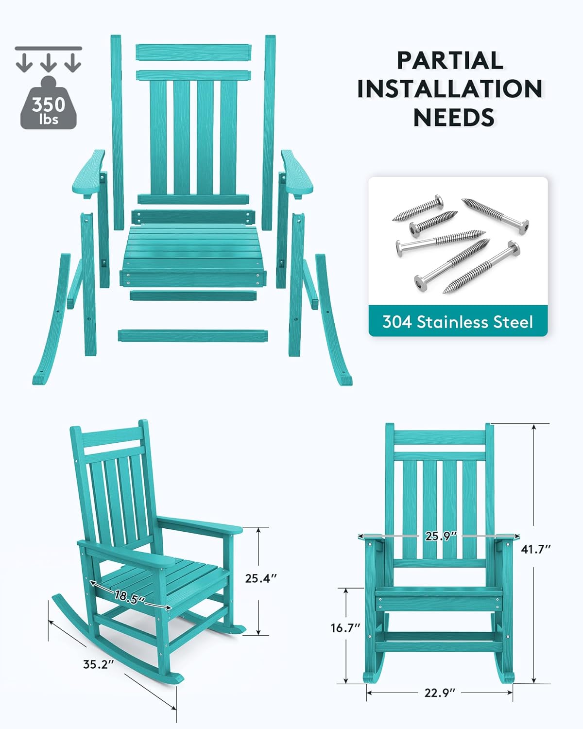 SERWALL Outdoor Rocking Chair Set of 2, HDPE Rocking Chairs for Adult, All Weather Porch Rockers for Lawn Garden, Aruba