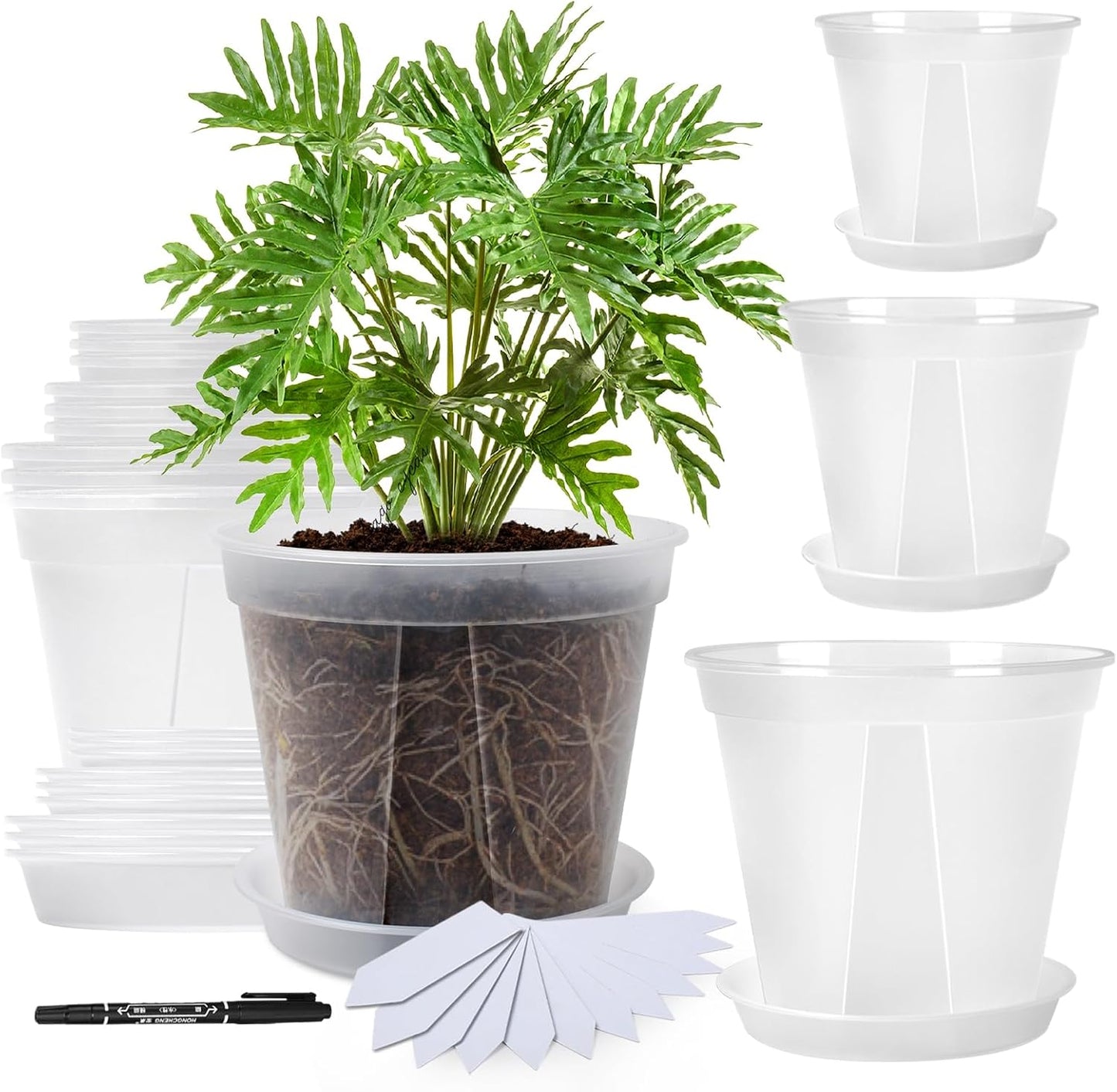 Transparent Plants Nursery pots with Tray 4/5/6 Inch Hard Material Plastic Planter with Drainage Hole,Durable Seed Starting Pots Plant Container, with 12pcs Plant Labels, a Maker Pen, 12 Sets